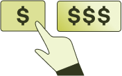 En hånd som peker på en boks med et dollar tegn og en boks til høyre med flere dollartegn