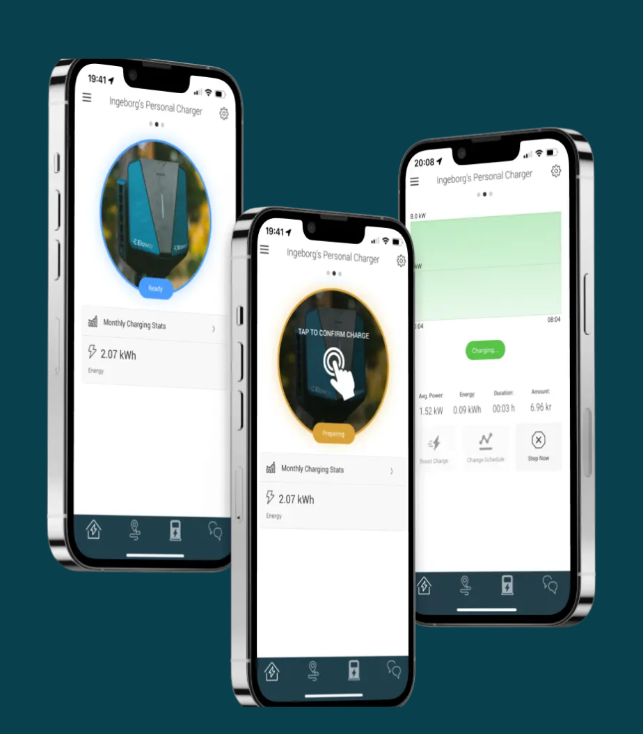 Bilde av tre mobiler som viser skjermbilder fra Elaway-appen