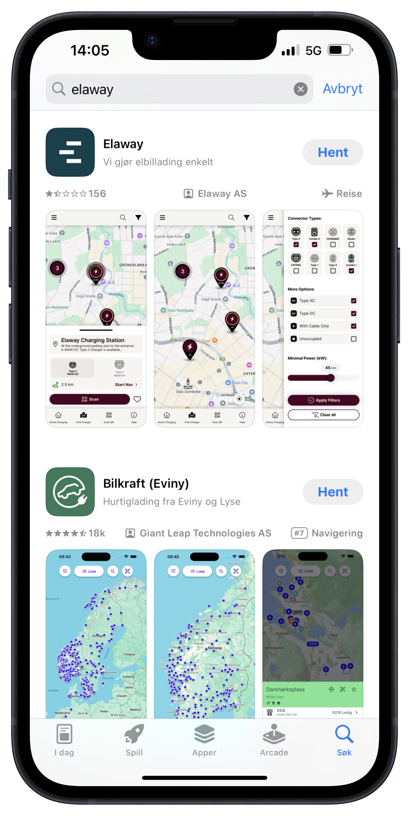 Bilde av hvordan Elaway - appen ser ut i App - store. Søk etter Elaway og klikk på "last ned app"