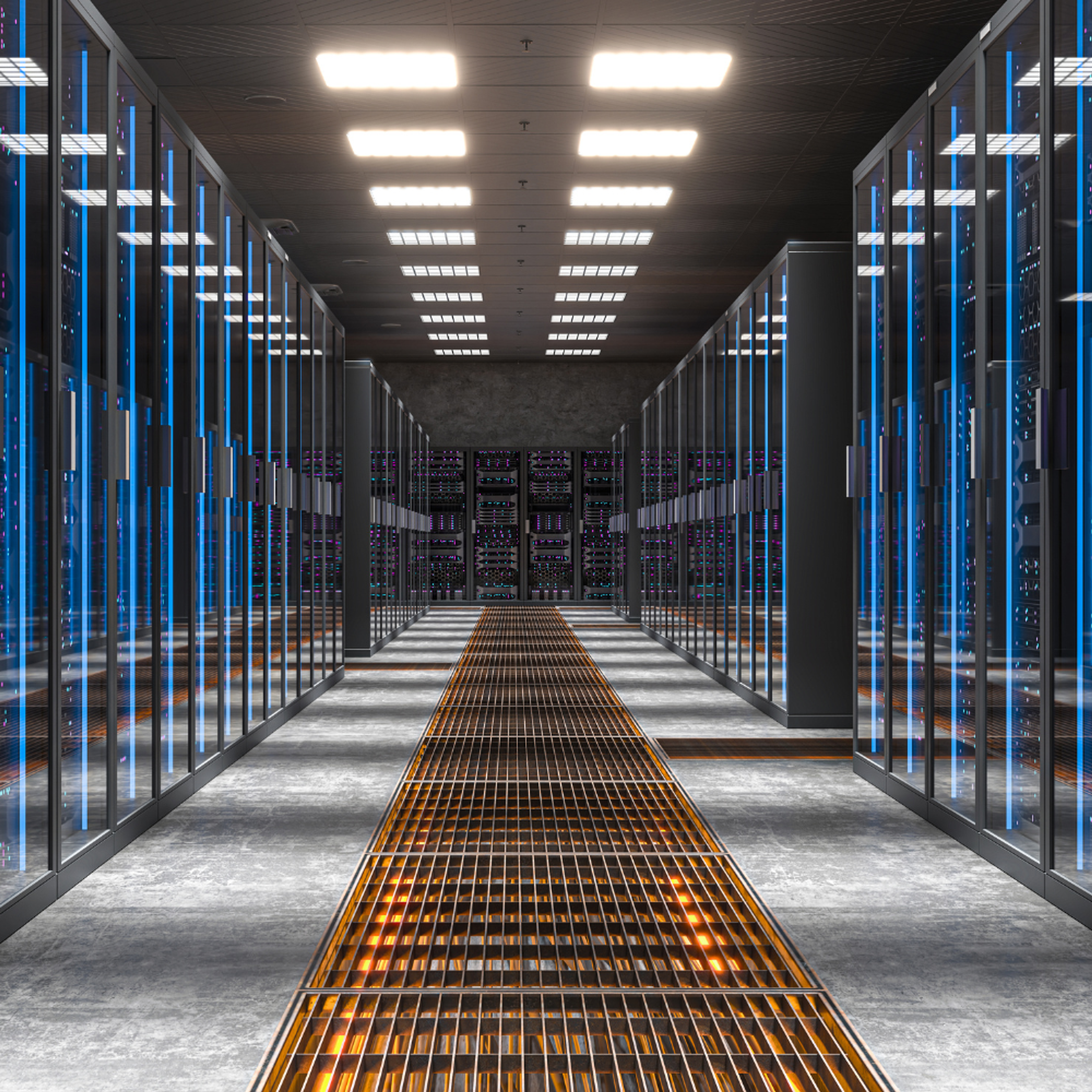 Inside a data centre with servers on each side and a path through the middle
