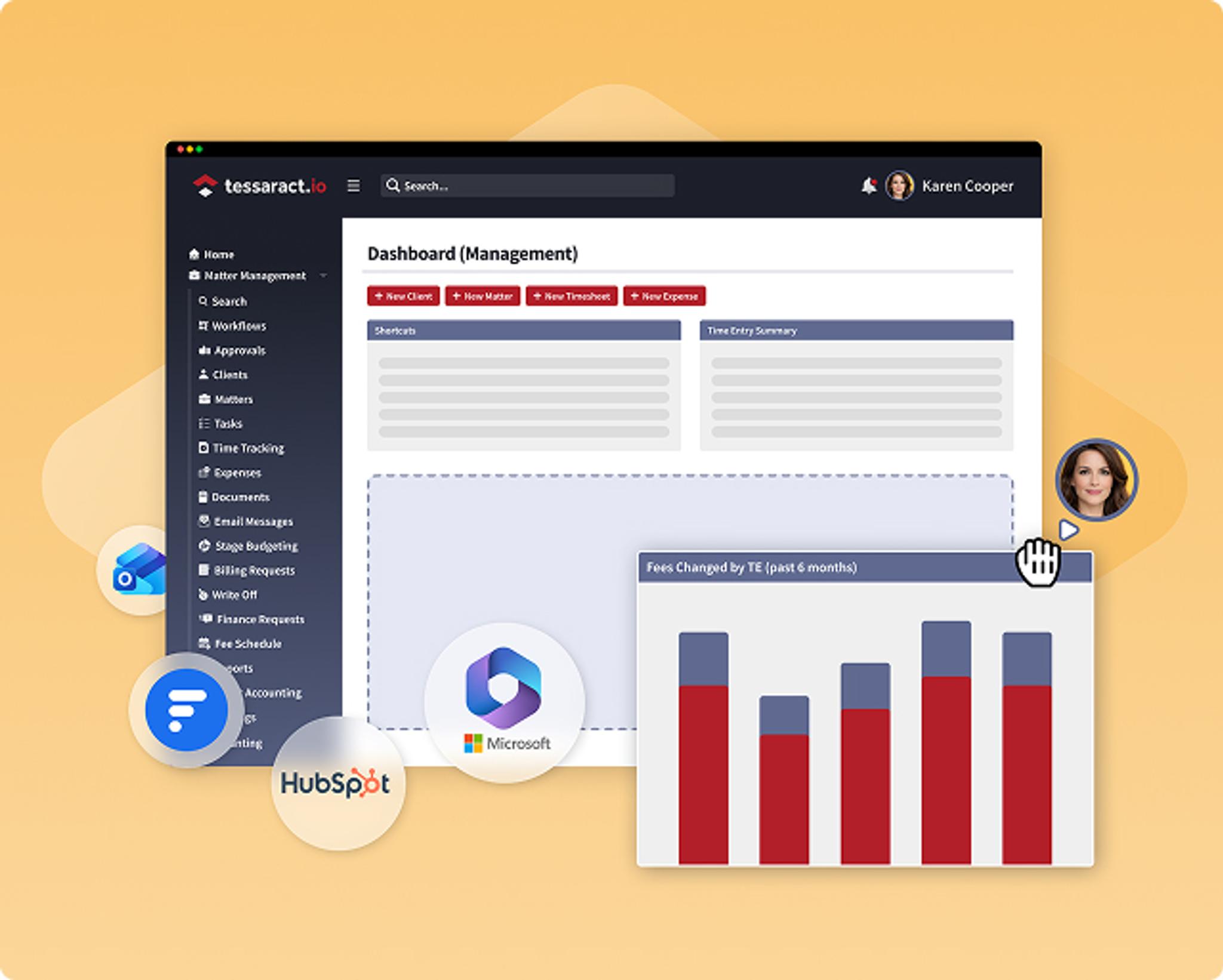 A screenshot of Tessaract's dashboard reports and the integrations