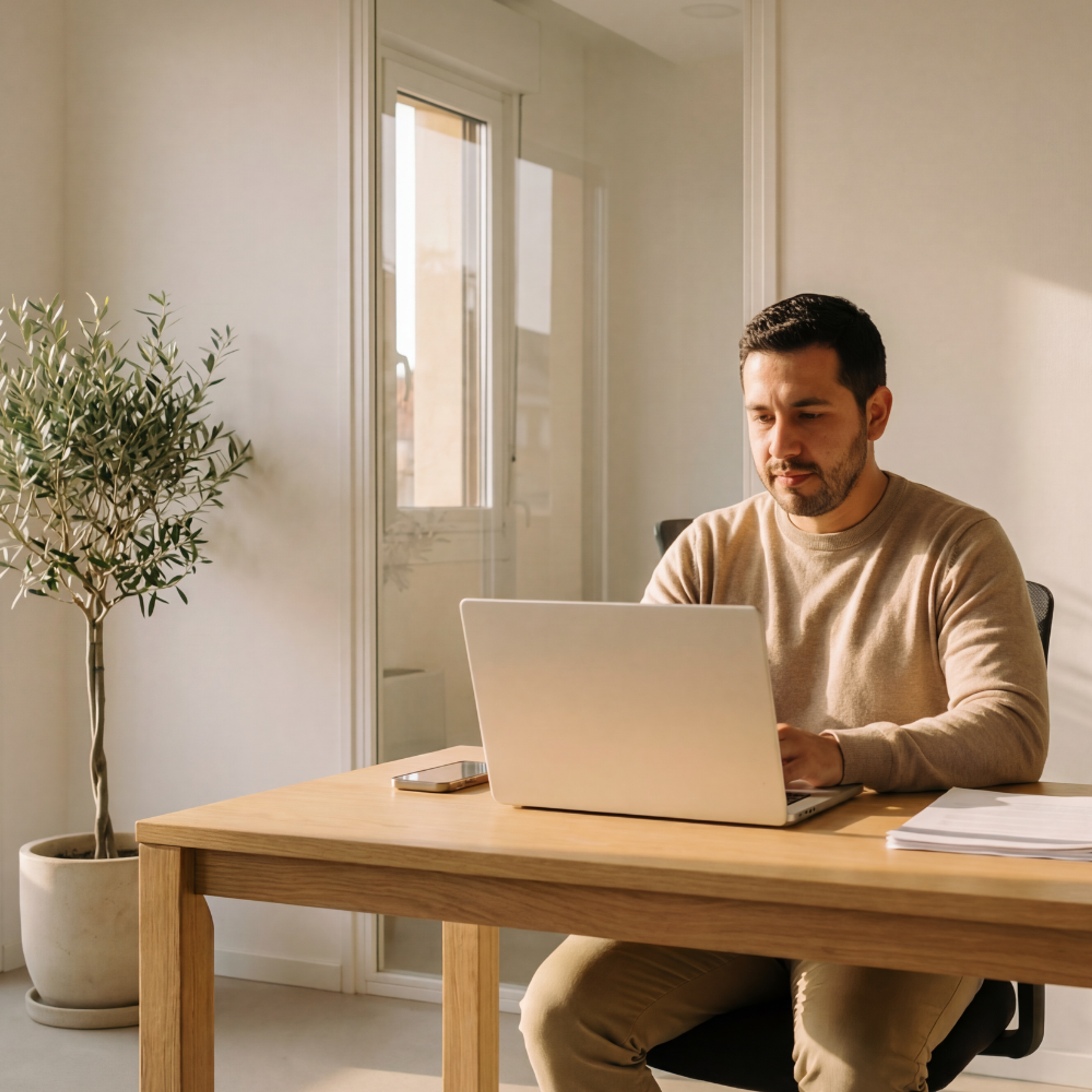 Man in beige sitting on a laptop in a beige room with an olive tree in the background
