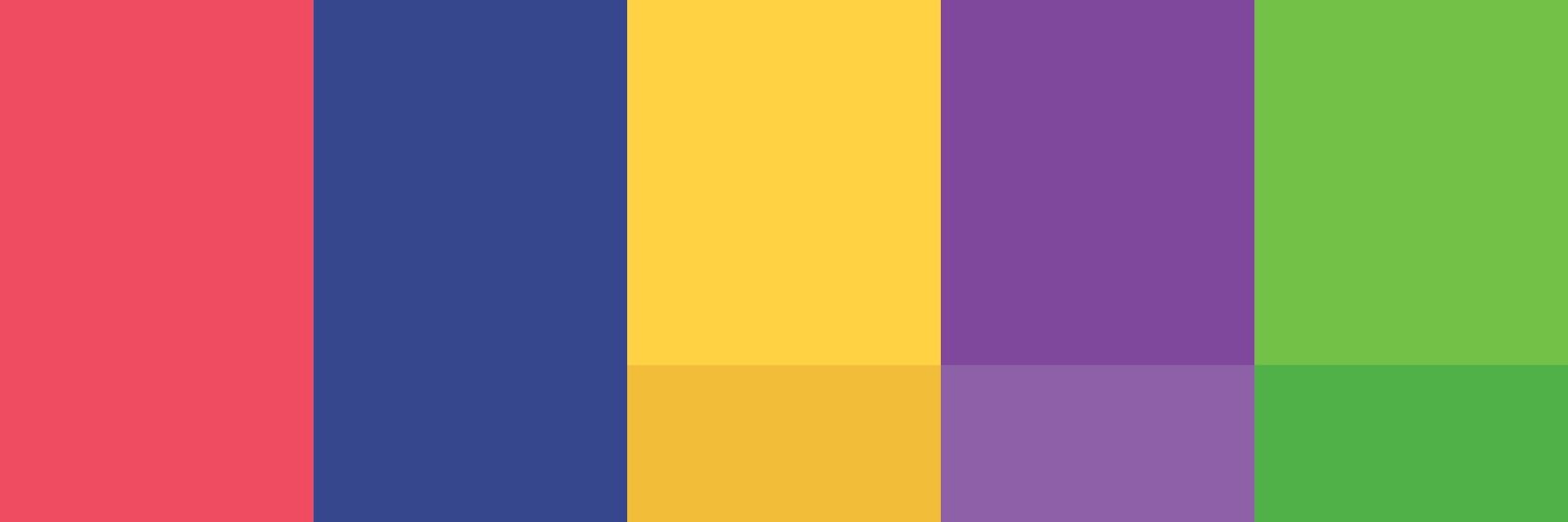 The Wonderade color palette: coral red, navy, yellow, purple and green, with lighter tints of yellow, purple and green.