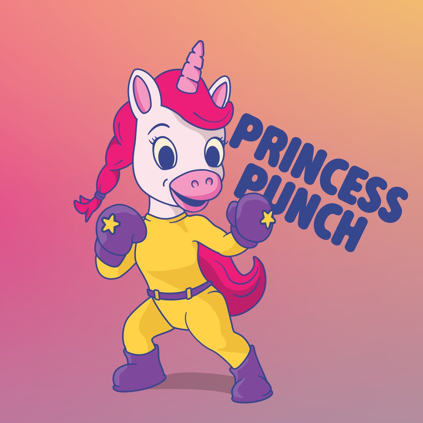 Princess Punch, a unicorn in a yellow suit and purple boxing gloves, squaring up to fight on a pink-to-peach gradient beside her name.