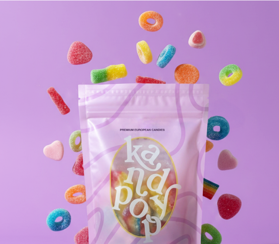 kandypop packaging with a burst of colorful candies