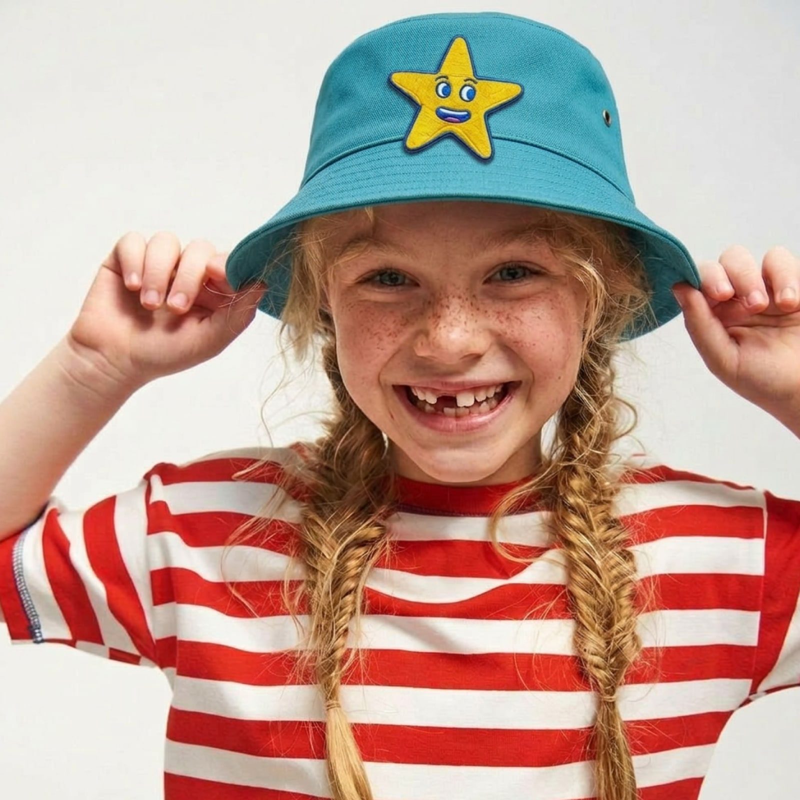 A grinning girl with braids and a missing front tooth wears a teal bucket hat with an embroidered Pip star patch.