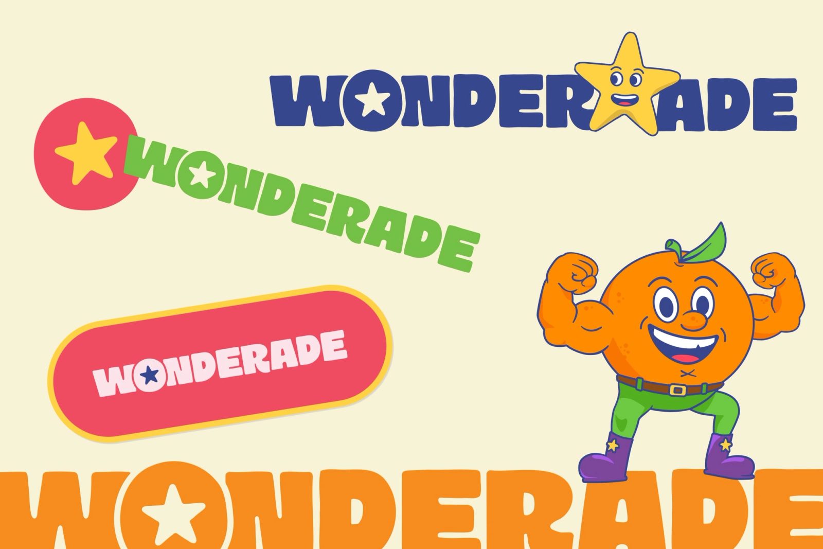 Wonderade logo lockups on cream: a navy wordmark with Pip the star standing in for the A, a green wordmark trailing from a star badge, a pink pill-shaped badge, an oversized orange wordmark, and Major Orange flexing.