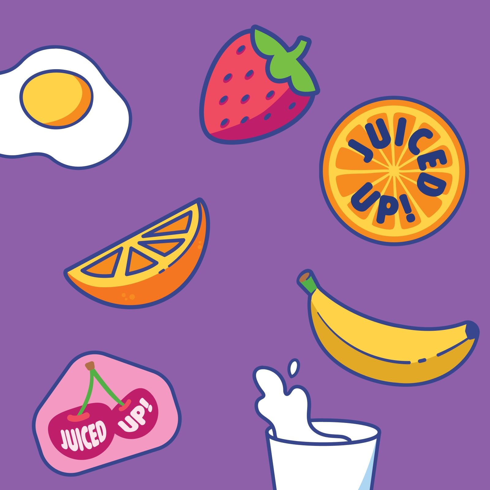 Illustrated Wonderade icons on purple: a fried egg, a strawberry, orange slices, a banana, a splashing glass of milk, and “Juiced Up!” stickers.