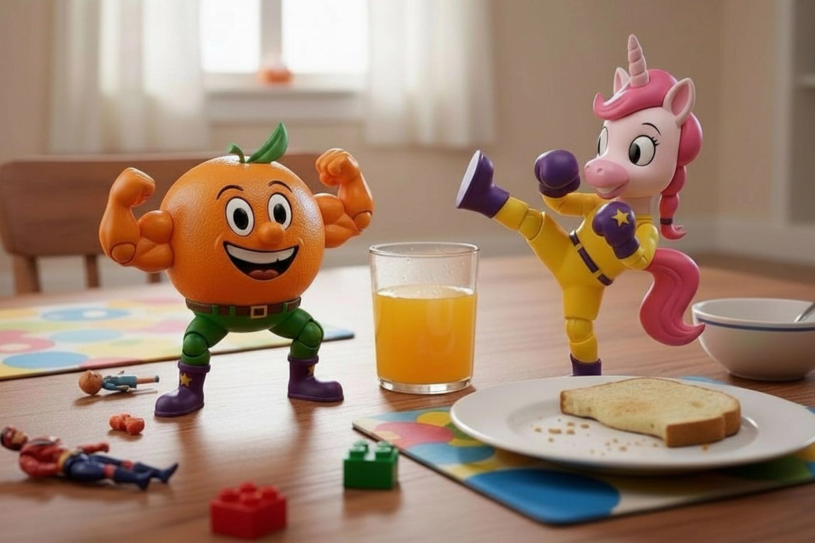 Major Orange and Princess Punch as toy figures on a breakfast table, flexing and kicking beside a glass of orange juice and a plate of toast.