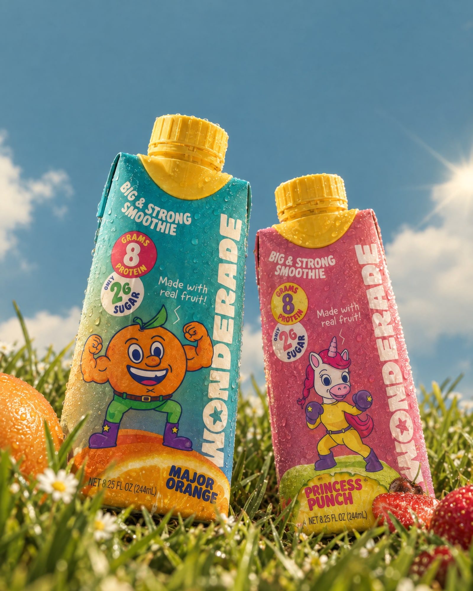 Major Orange and Princess Punch smoothie cartons, beaded with condensation, standing in sunlit grass beside oranges and strawberries.