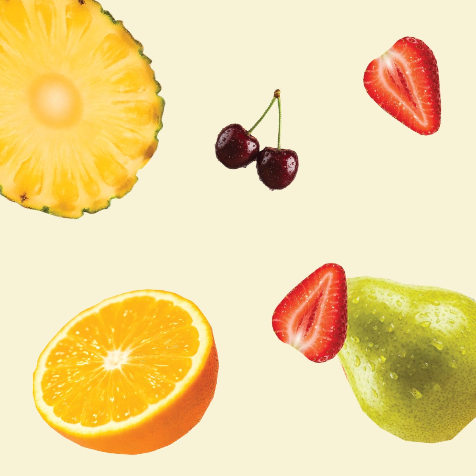 Photographed fruit scattered on cream: a pineapple slice, cherries, strawberry halves, a halved orange and a pear.