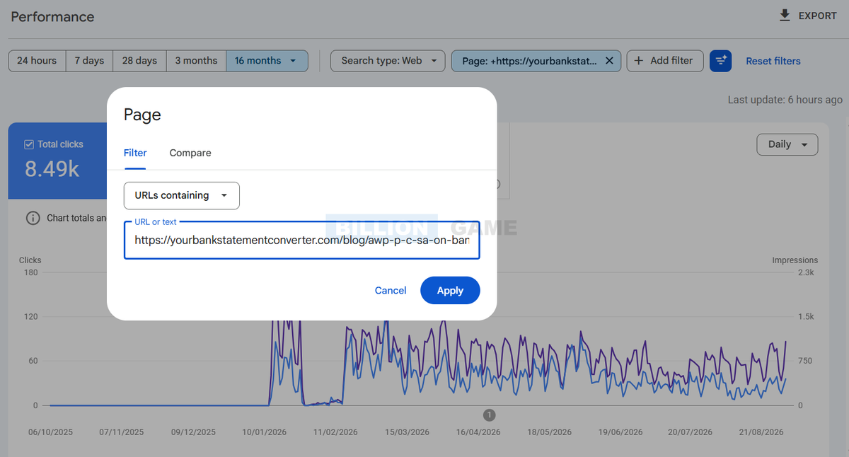 The Page filter dialog in Search Console Performance report with URLs containing selected and a blog URL entered