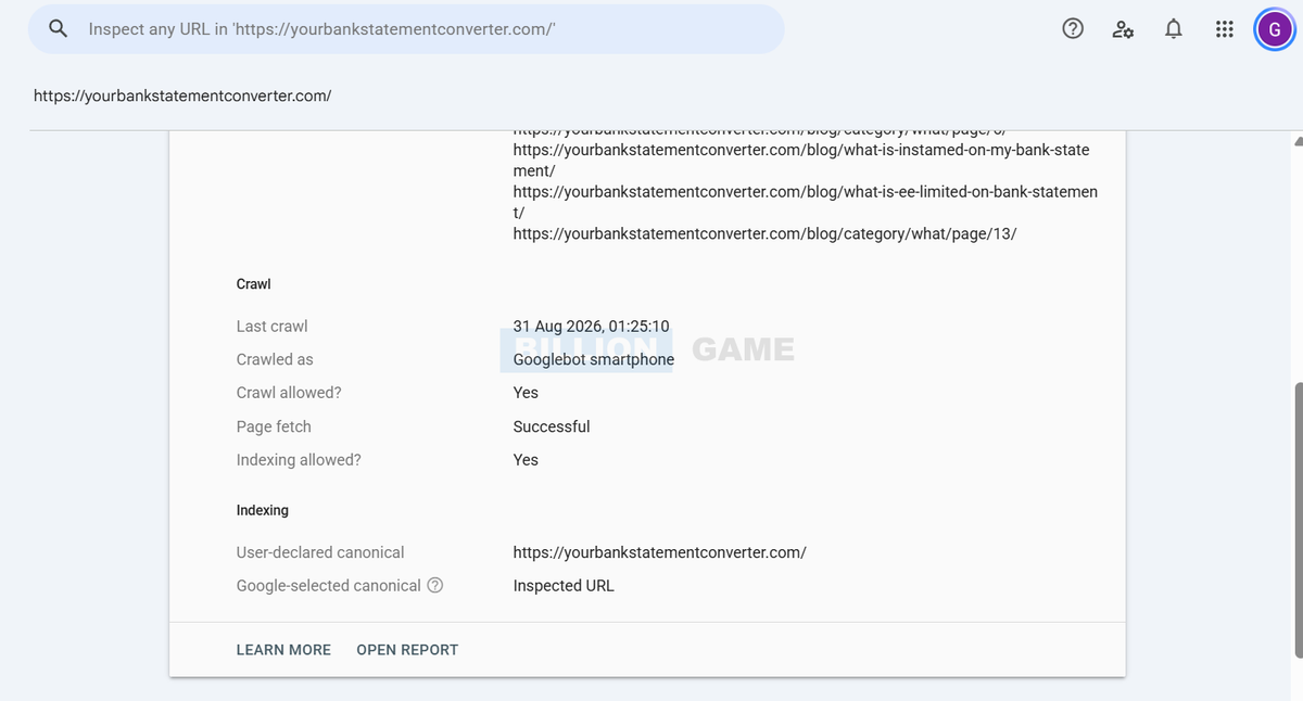 Search Console crawl details showing a last crawl date of 31 August 2026 at 01:25:10, crawled as Googlebot smartphone