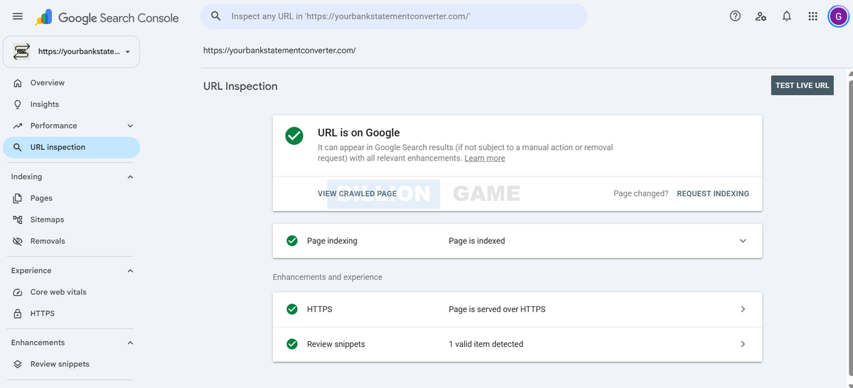 URL Inspection result in Search Console showing URL is on Google and Page indexing confirmed as Page is indexed