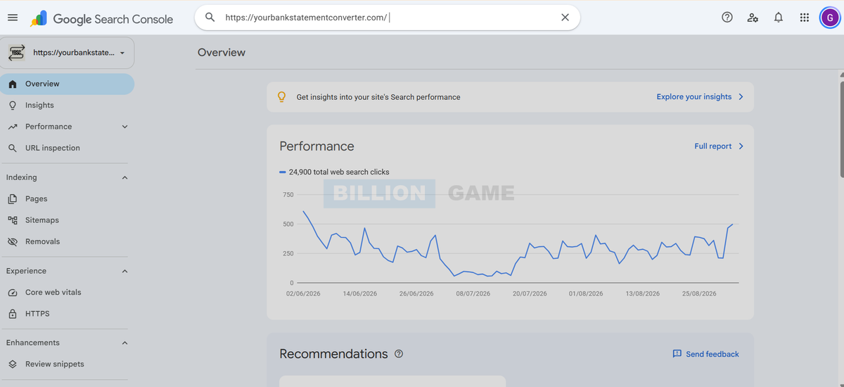 Google Search Console with a URL pasted into the URL inspection bar at the top of the screen