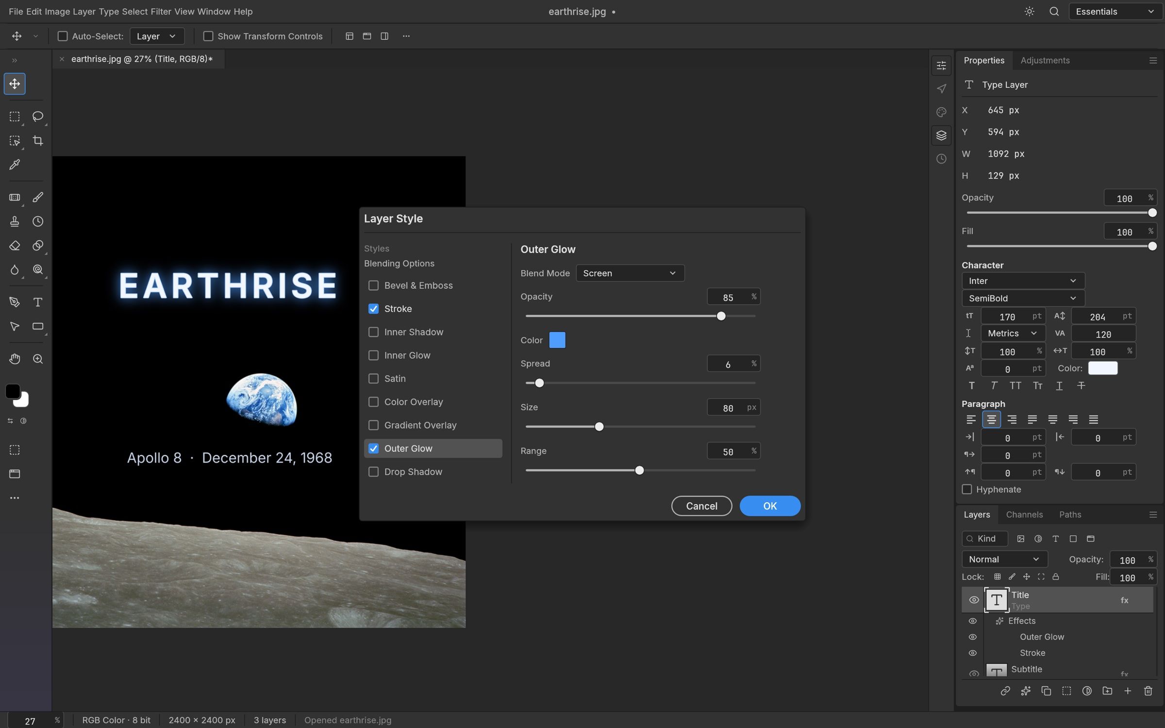 PhotoCraft layer style dialog adding an outer glow and stroke to a text layer