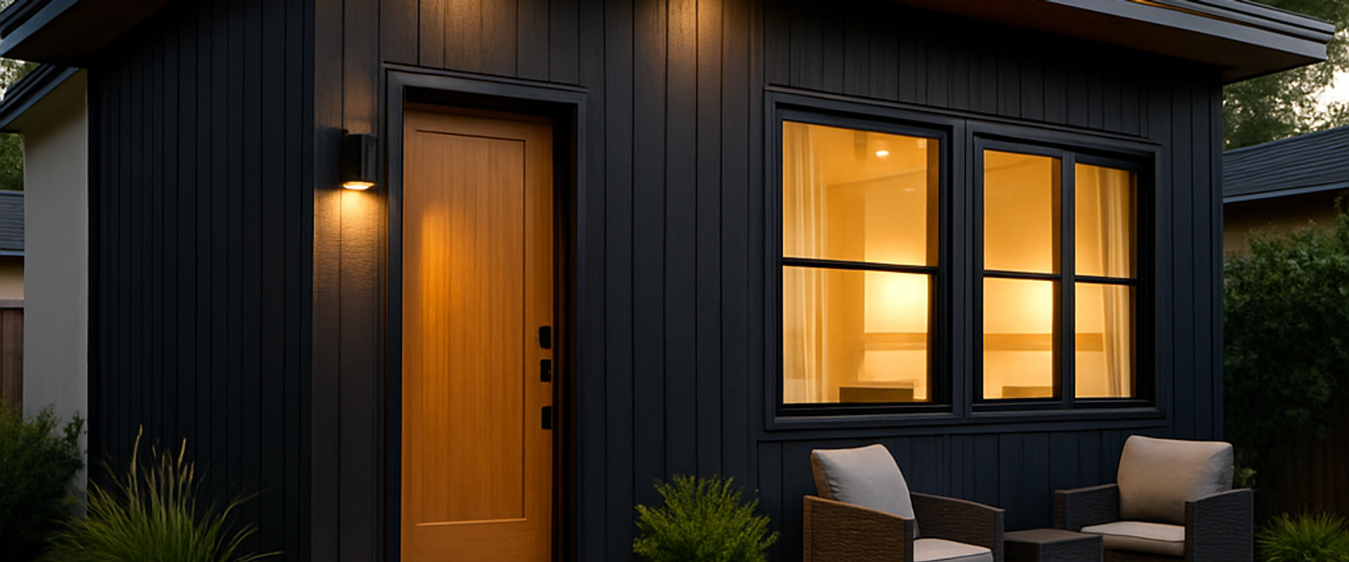 Modern black small home with a light wood door, illuminated windows, and a patio with two chairs.