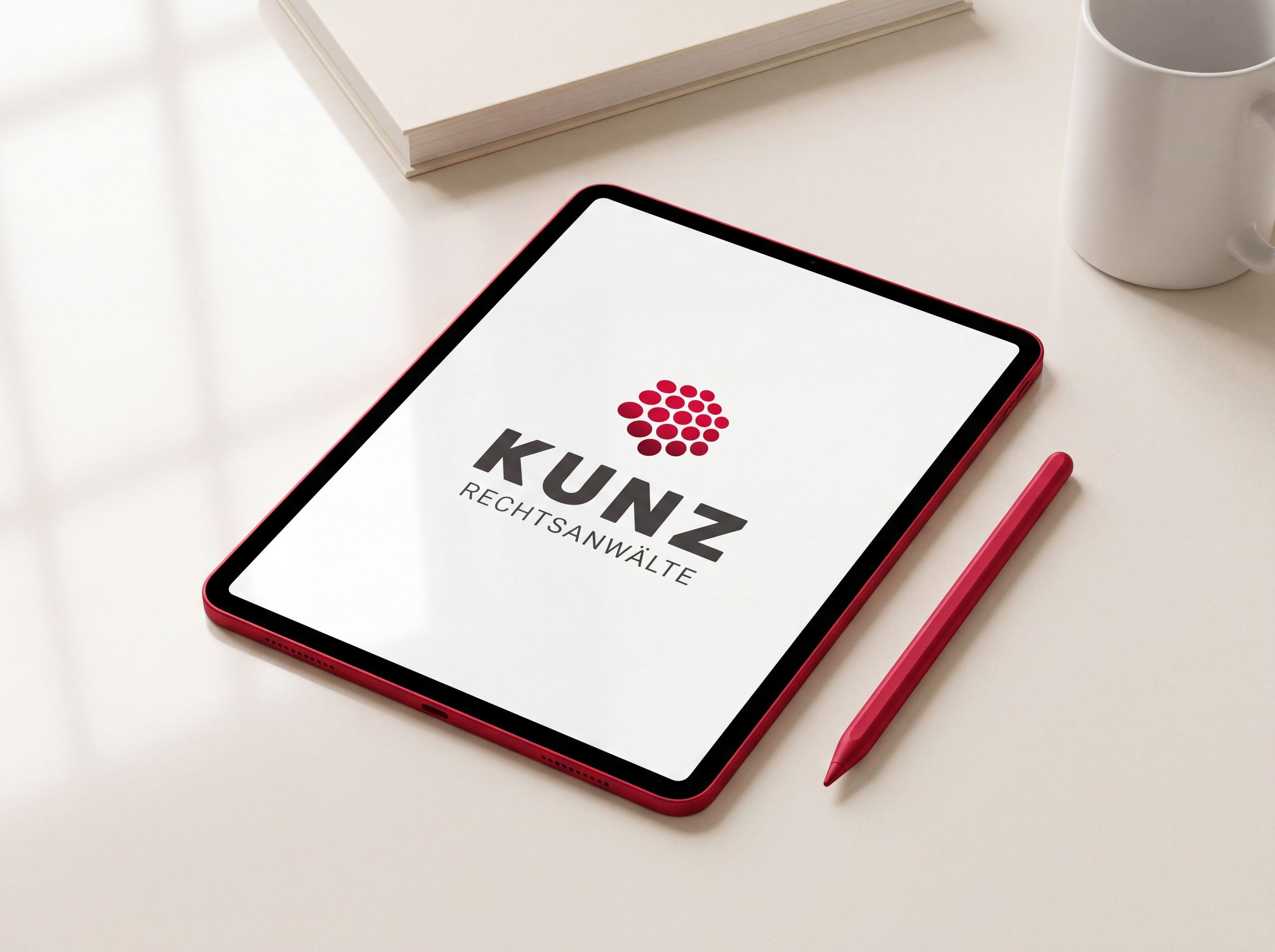 Tablet mit KUNZ-Logo auf dem Bildschirm, daneben ein roter Eingabestift