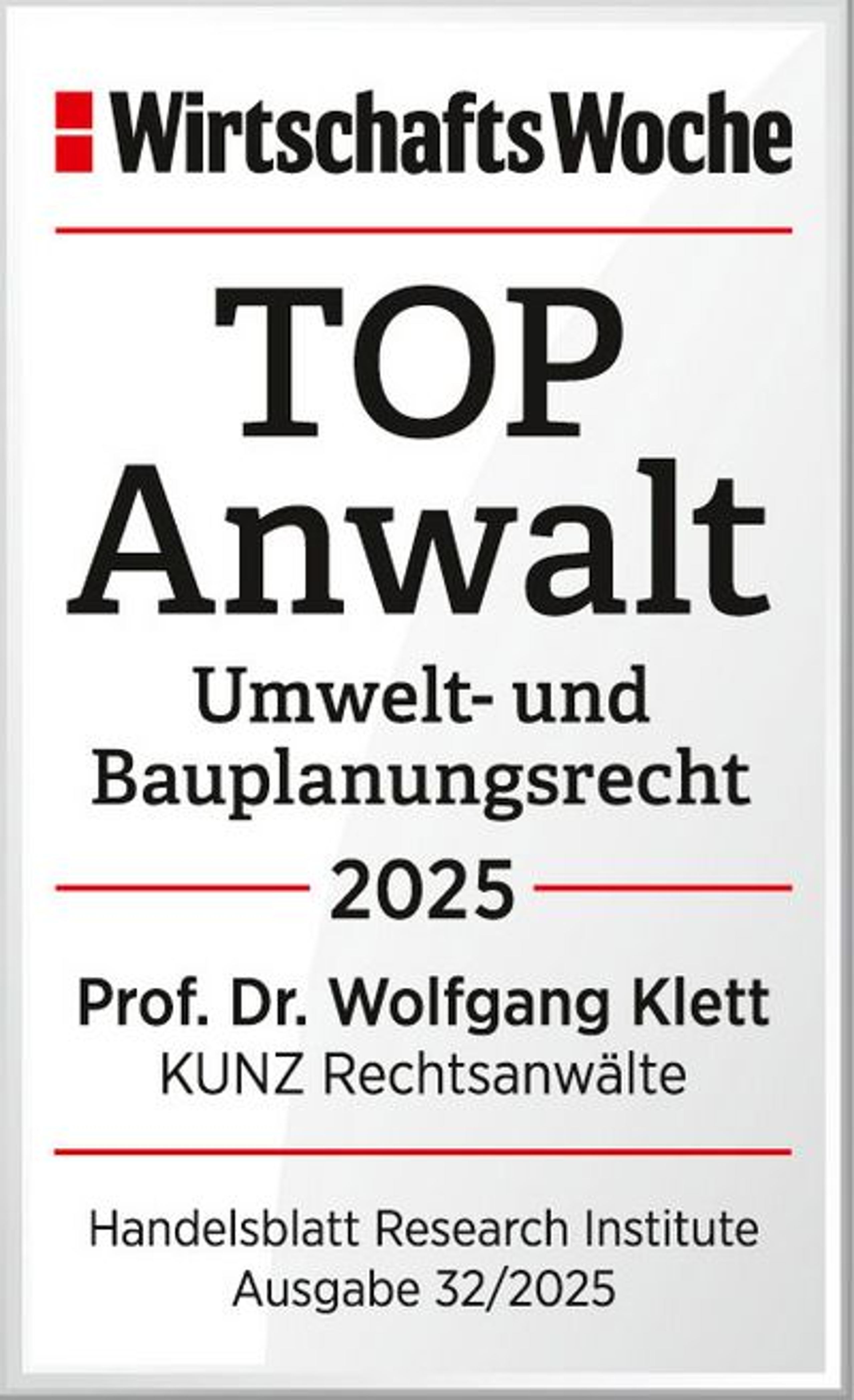 Top Anwalt Umwelt- und Bauplanungsrecht 2025 – Prof. Dr. Wolfgang Klett