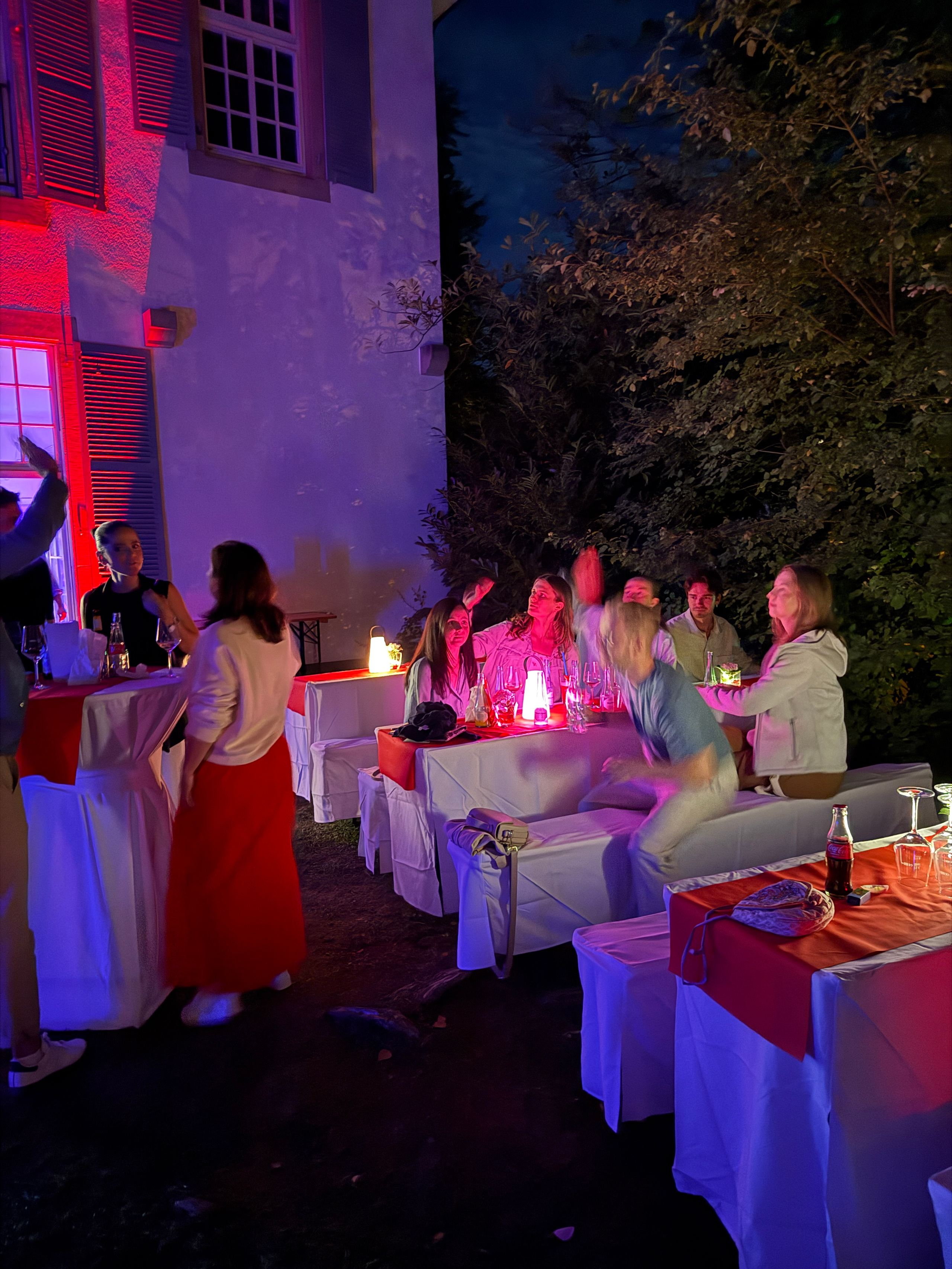 Gäste am Buffet im Garten bei Abendlicht