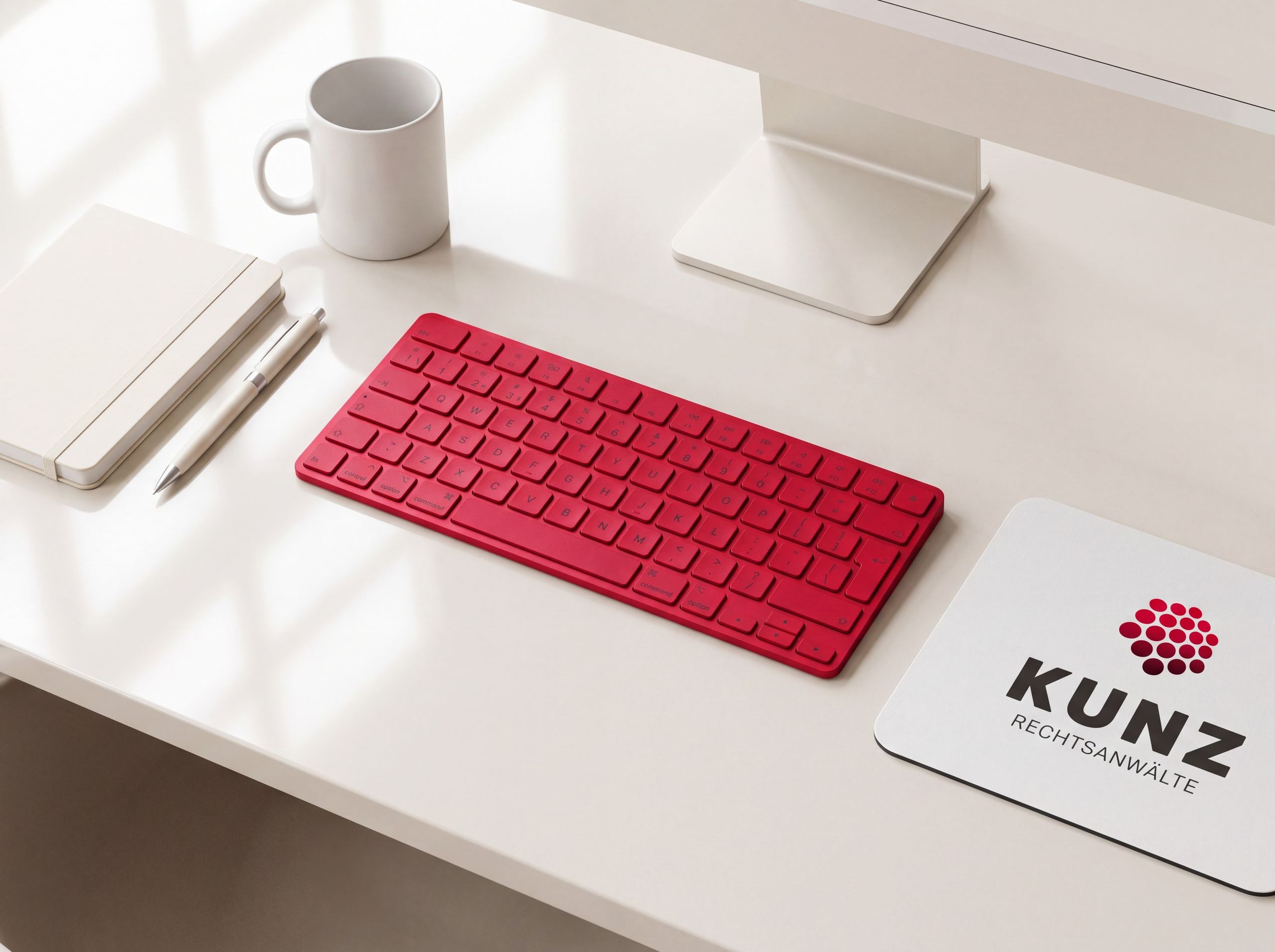 Heller Schreibtisch mit roter Tastatur, Monitor und KUNZ-Mousepad