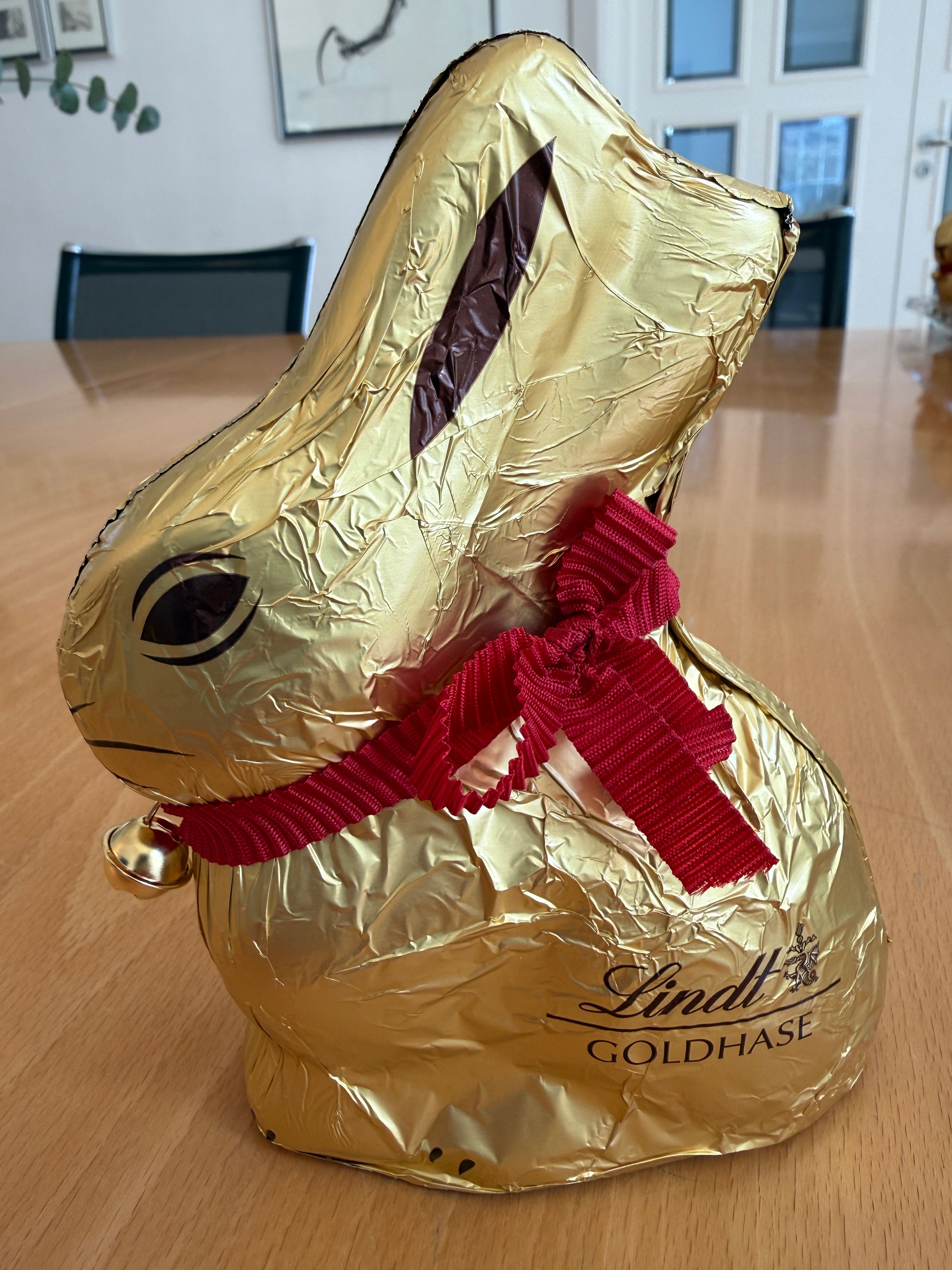 Goldhase mit roter Schleife