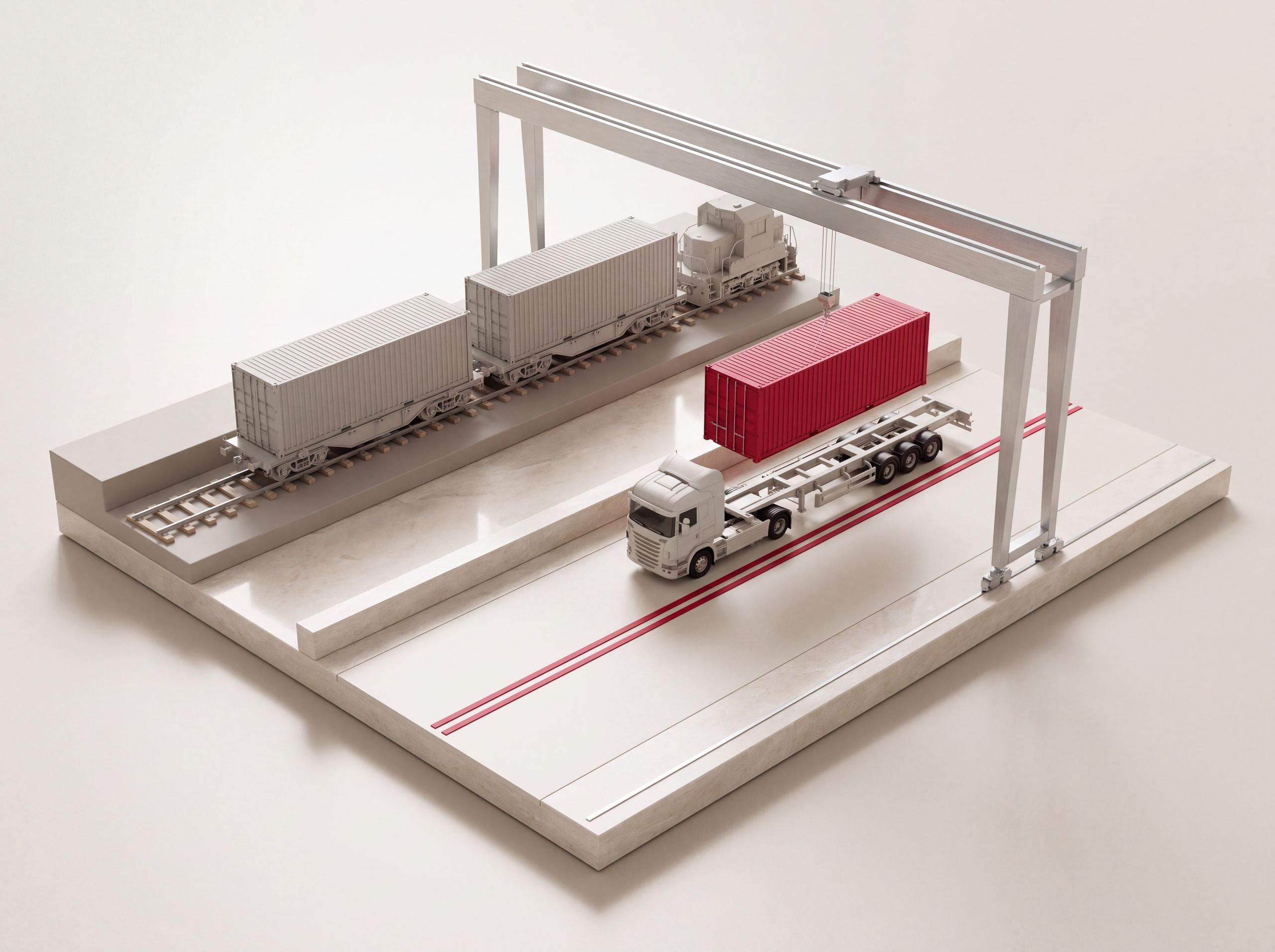 Modell eines Umschlagbahnhofs, eine Verladebrücke setzt einen roten Container auf einen Lkw