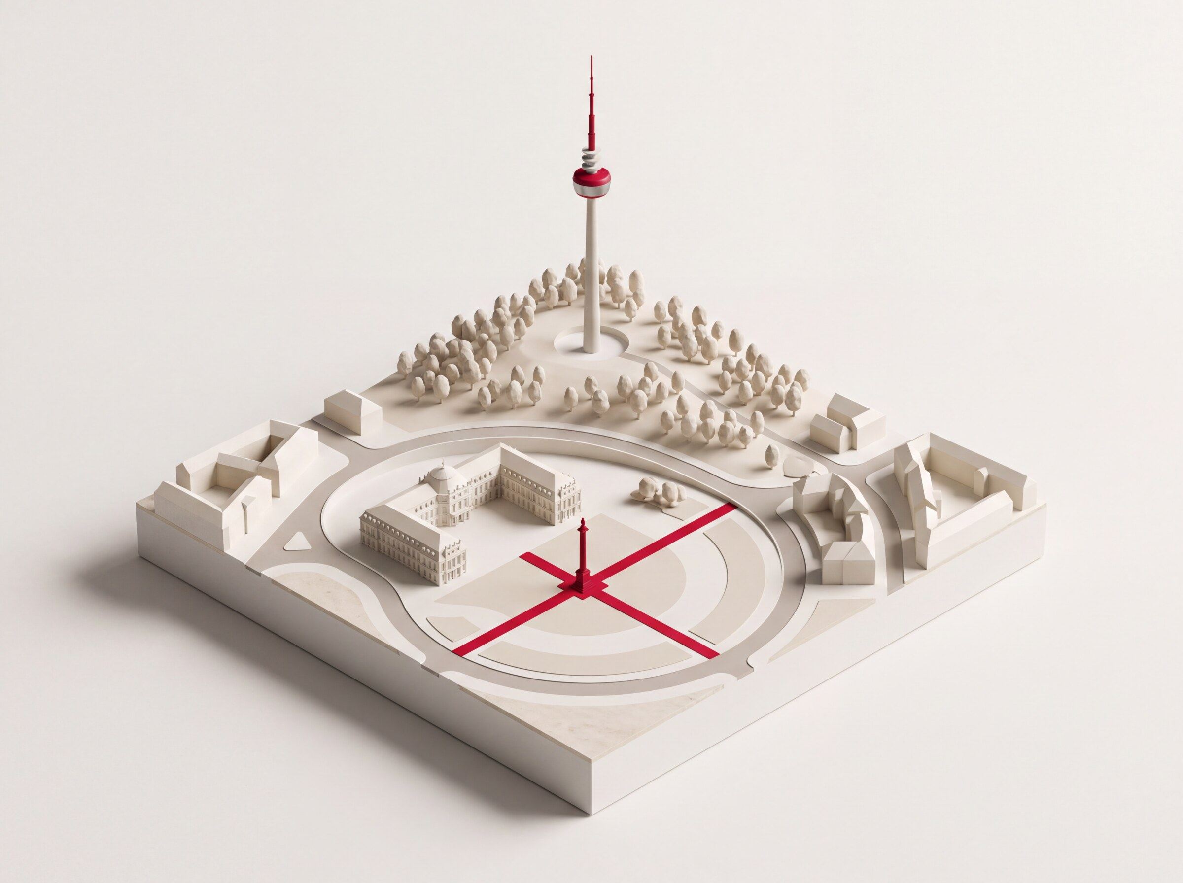 Stuttgart als Architekturmodell mit Schlossplatz und roten Wegachsen