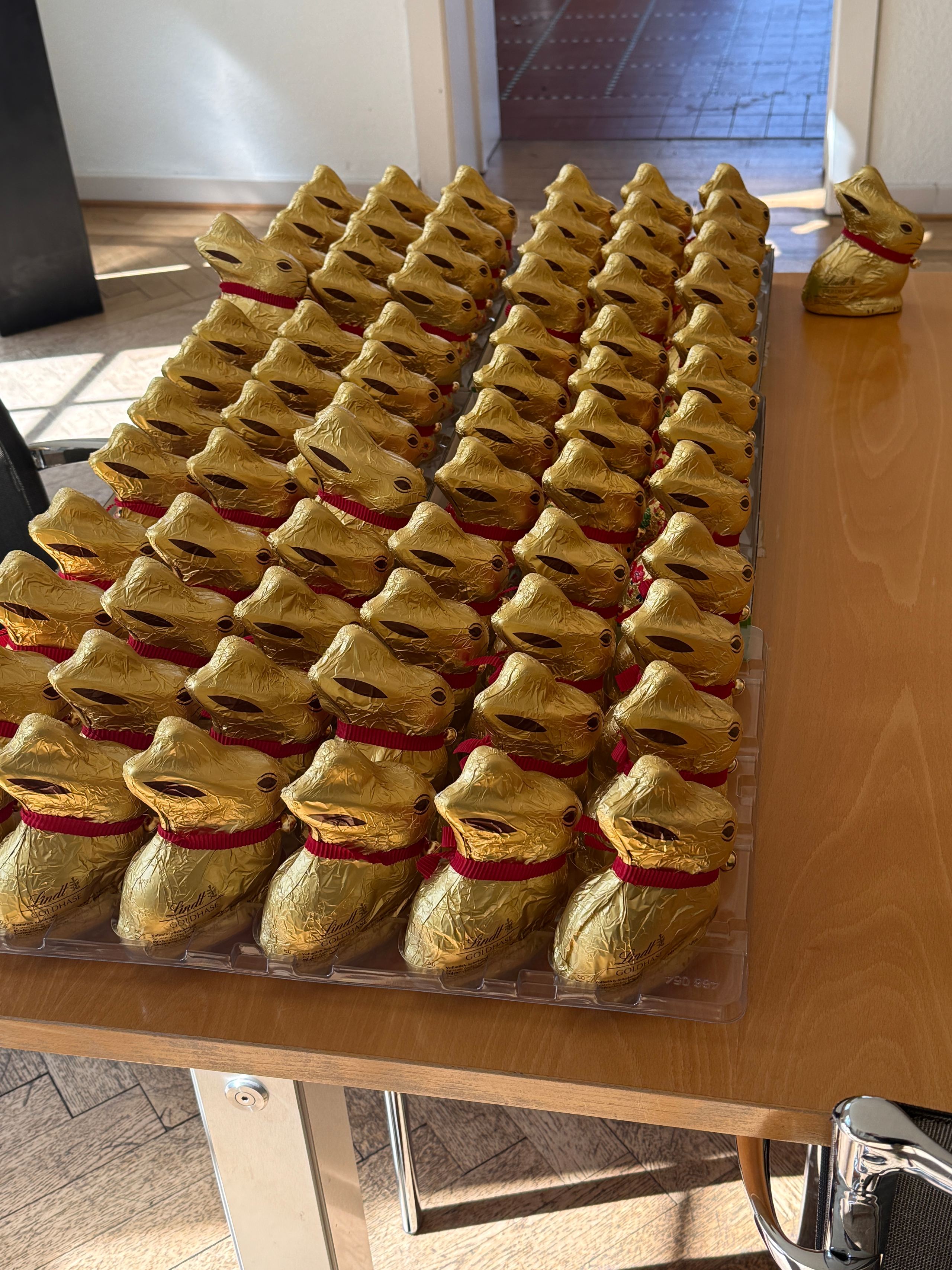 Reihen von Schokohasen auf dem Tisch