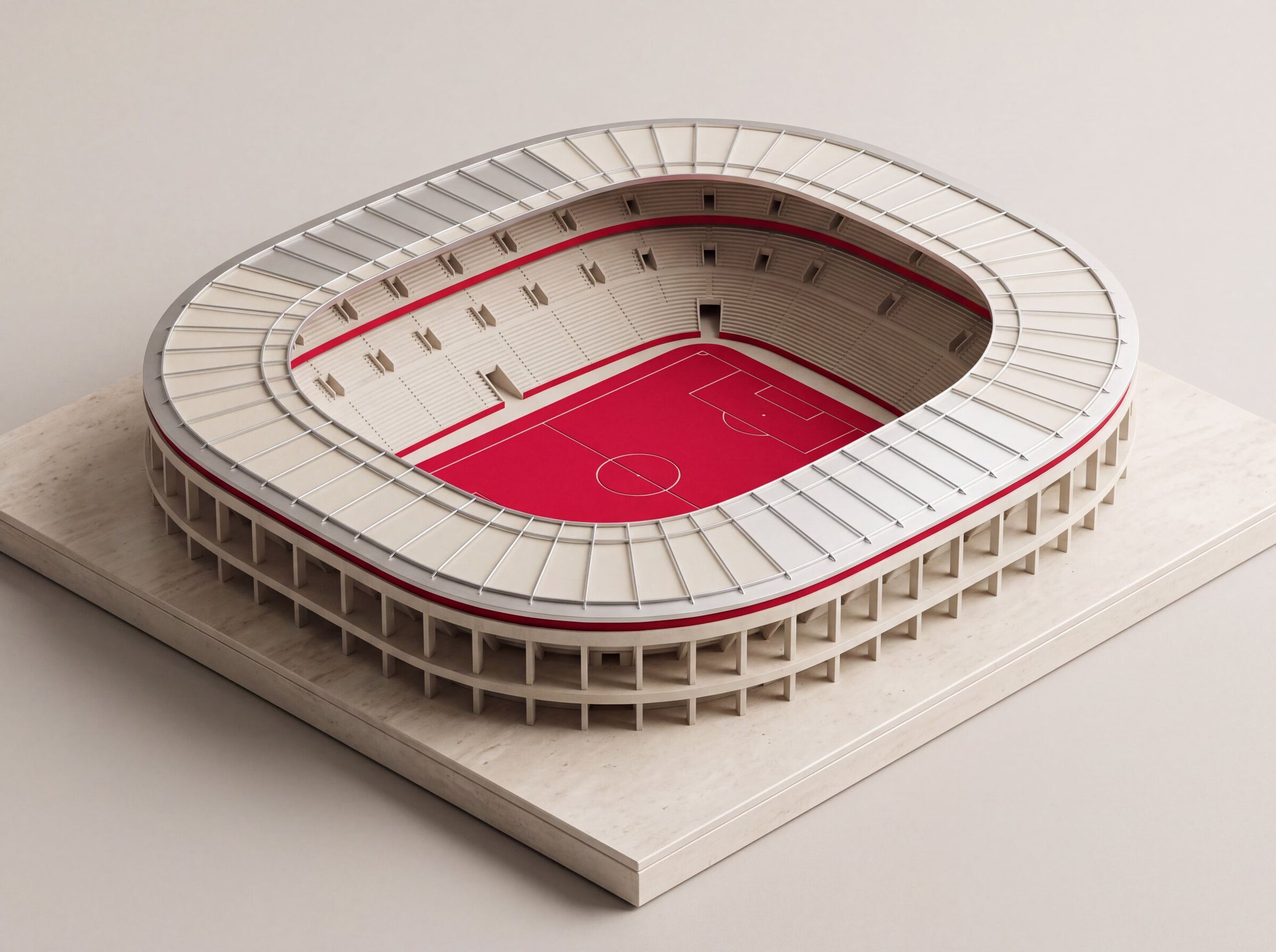 Stadionrund als Architekturmodell mit rot ausgelegter Mittellinie und Anstoßkreis