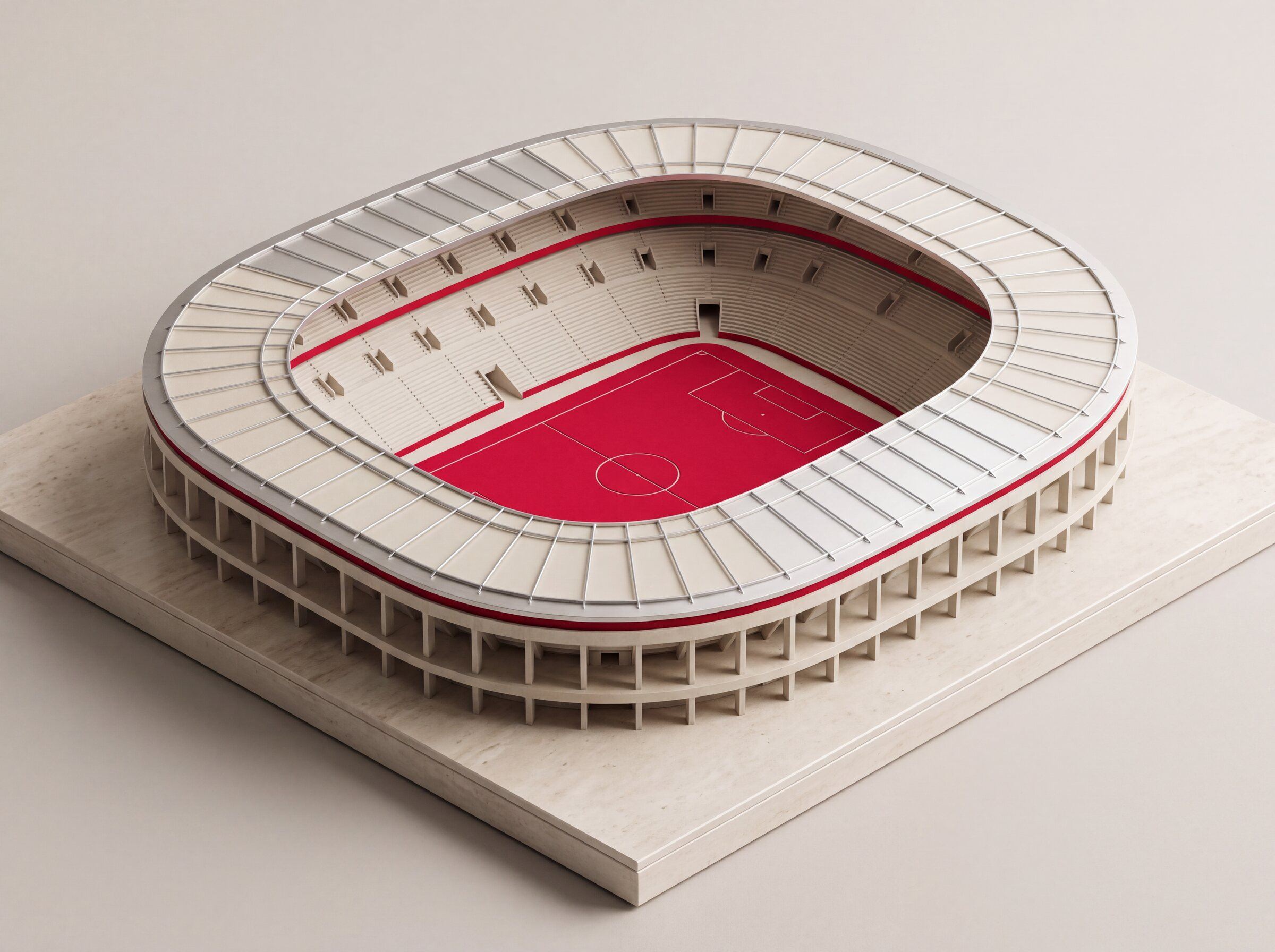 Stadionrund als Architekturmodell mit rot ausgelegter Mittellinie und Anstoßkreis