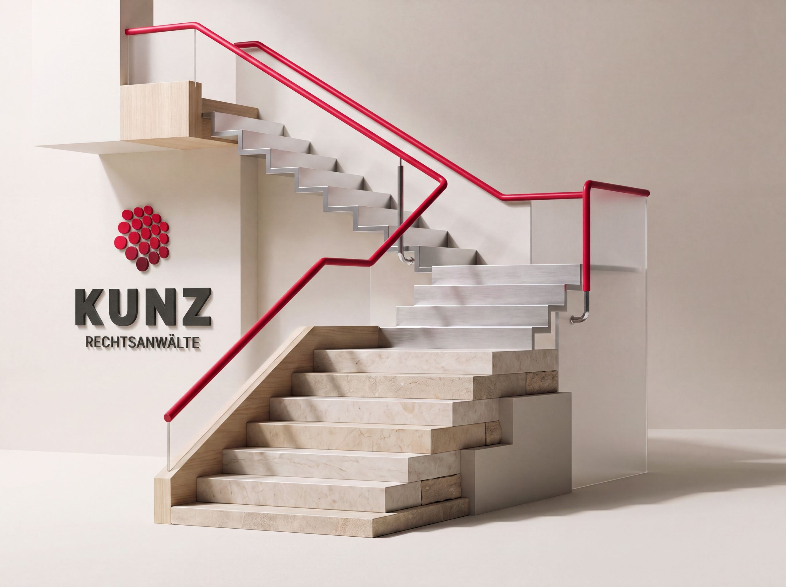 Helle Steintreppe mit rotem Handlauf, an der Wand das KUNZ-Logo
