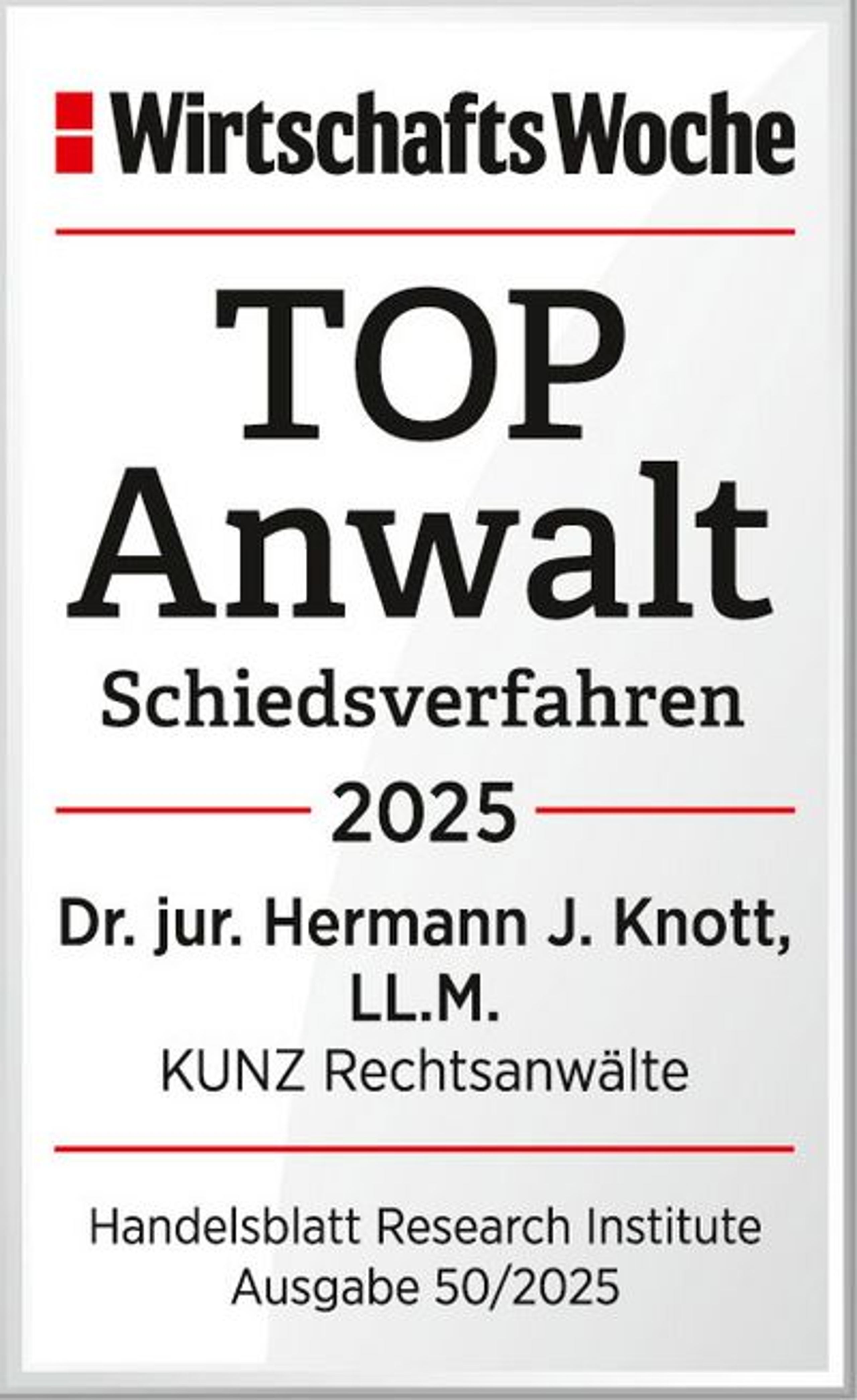 Top Anwalt Schiedsverfahren 2025 – Dr. jur. Hermann J. Knott, LL.M. (UPenn)