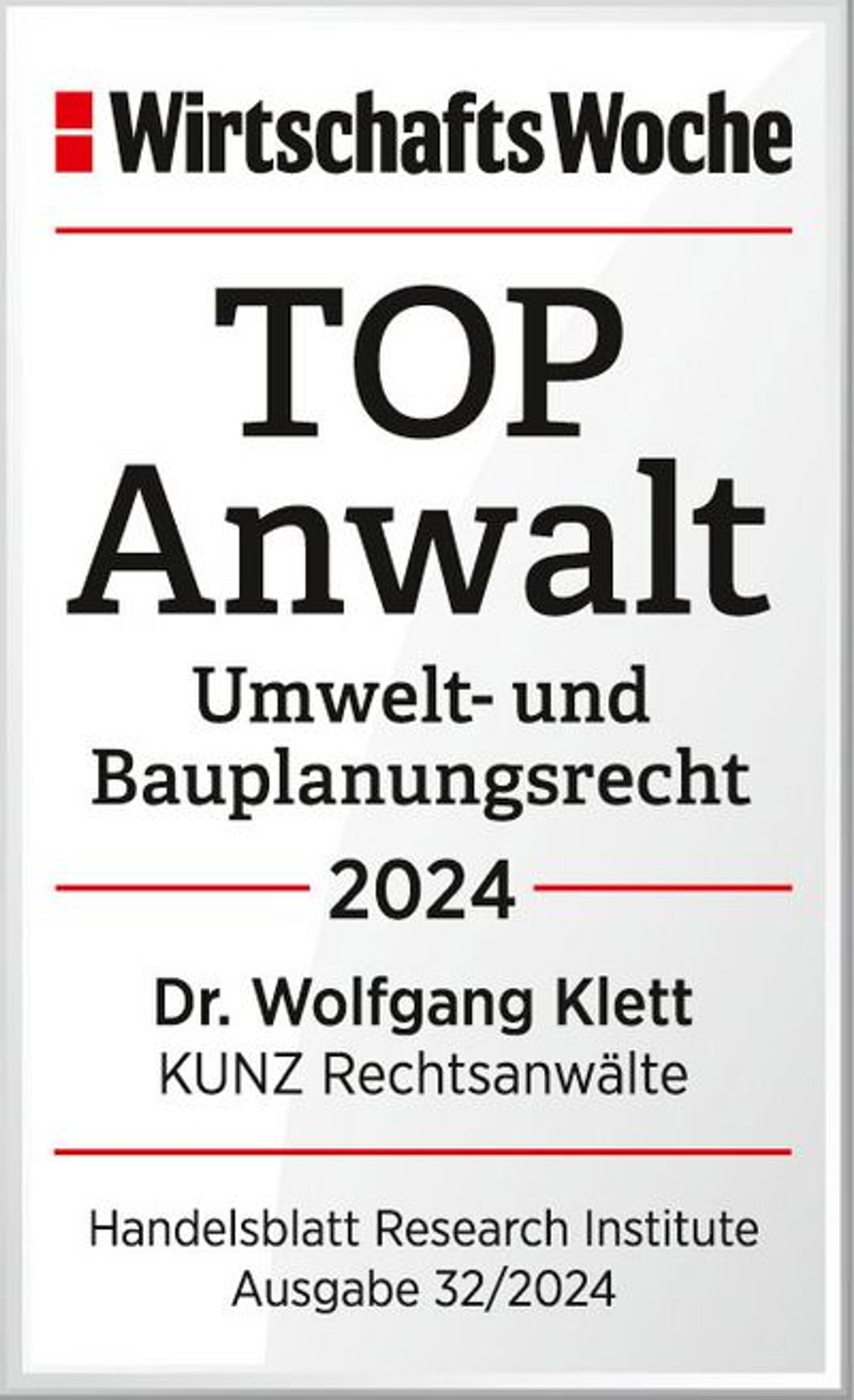 Top Anwalt Umwelt- und Bauplanungsrecht 2024 – Prof. Dr. Wolfgang Klett