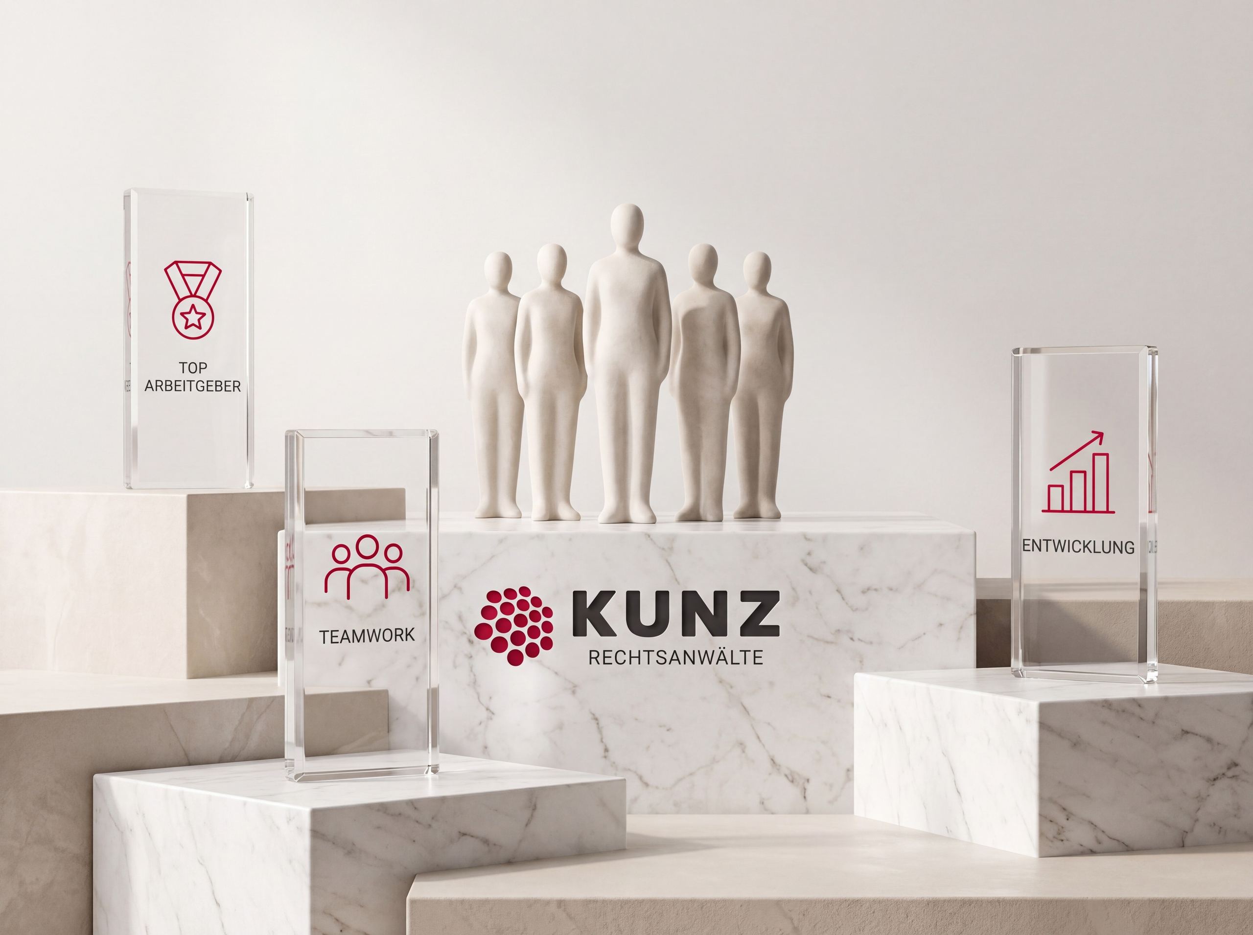 Arbeitgeber-Auszeichnungen auf Marmorsockeln, in der Mitte das KUNZ-Logo