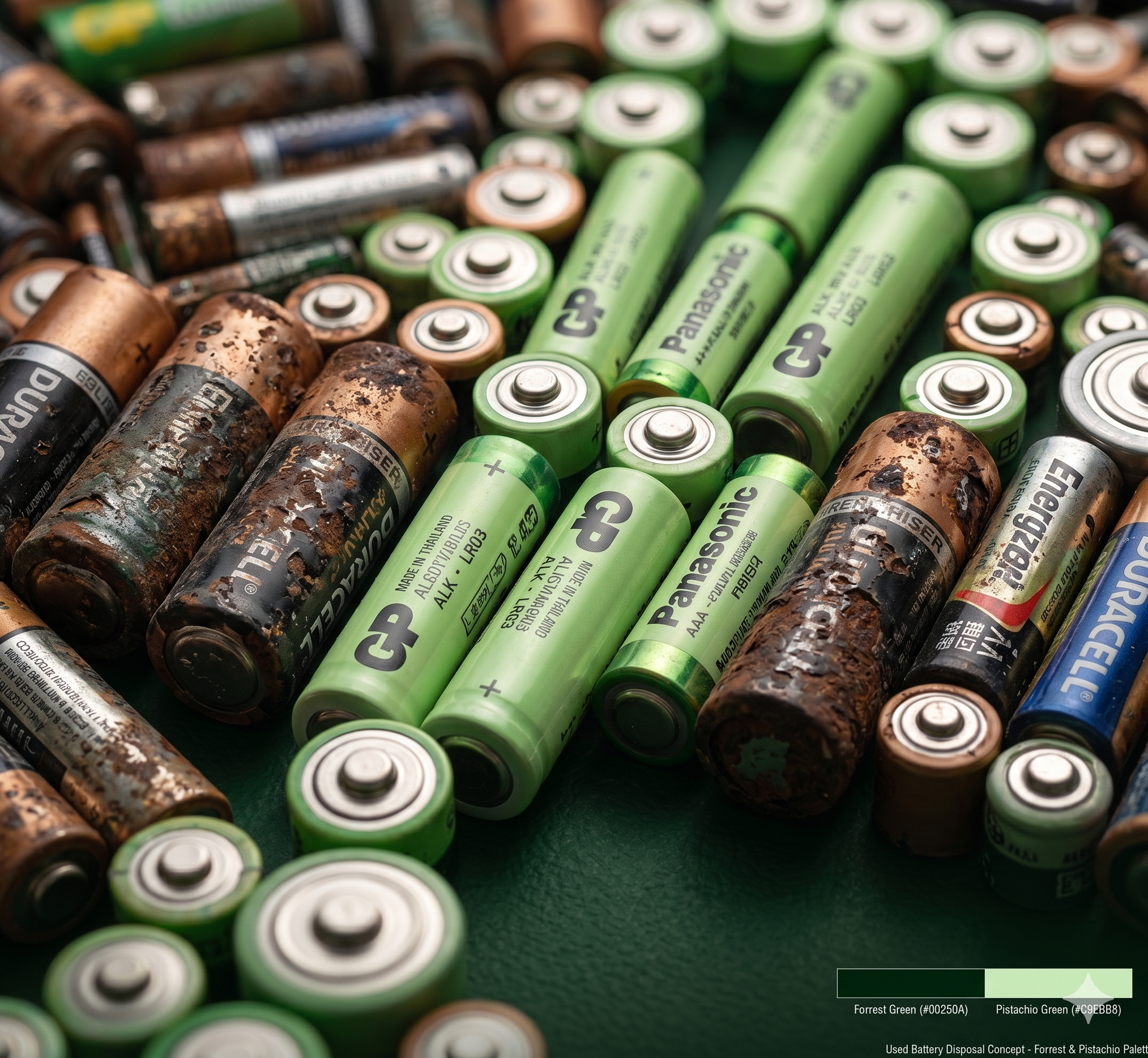 Nærbillede af AA-batterier arrangeret på mørkegrøn flade
