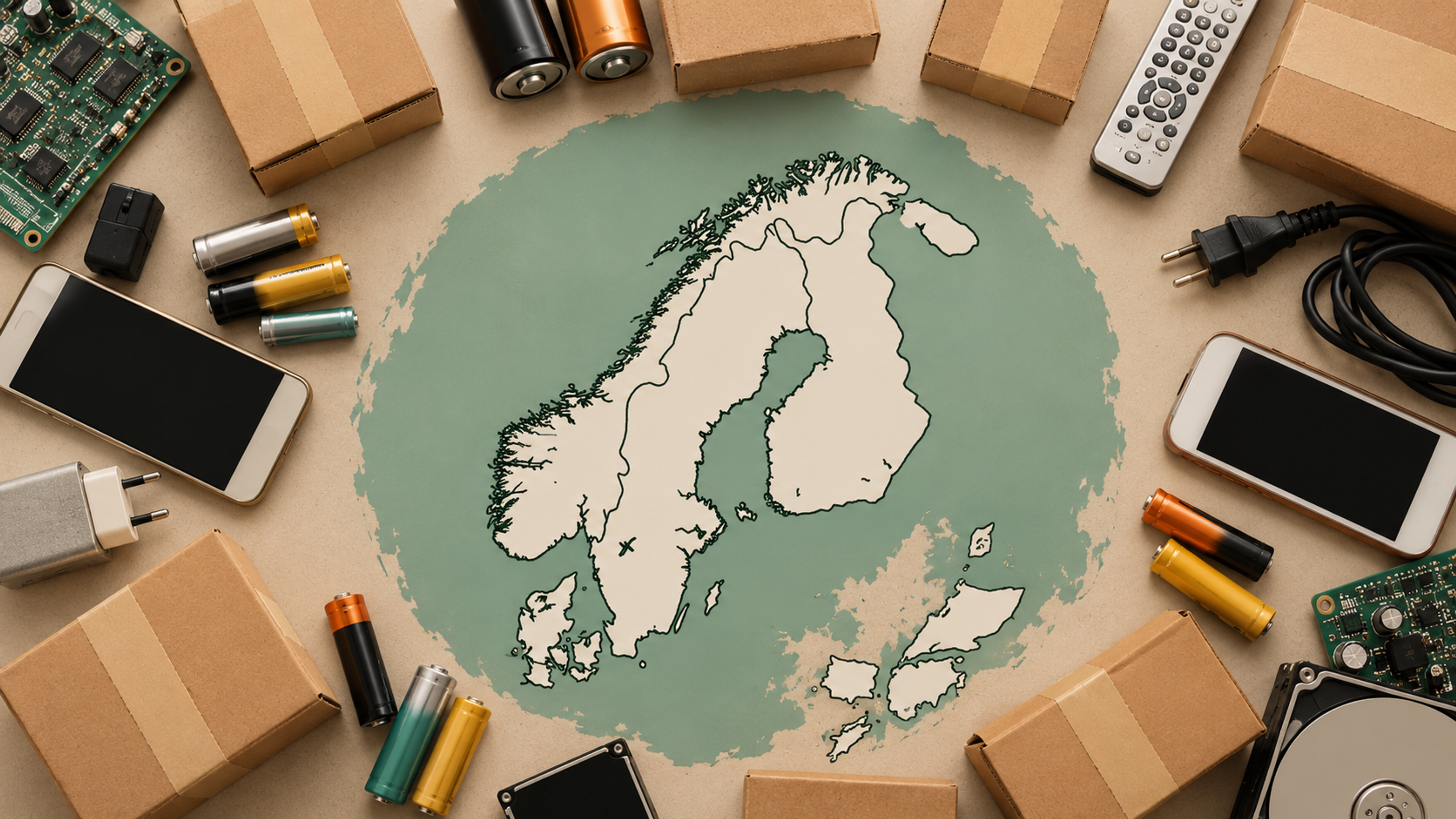 Kort over Norden omgivet af batterier, mobiltelefoner, elektronikdele, kabler og papkasser