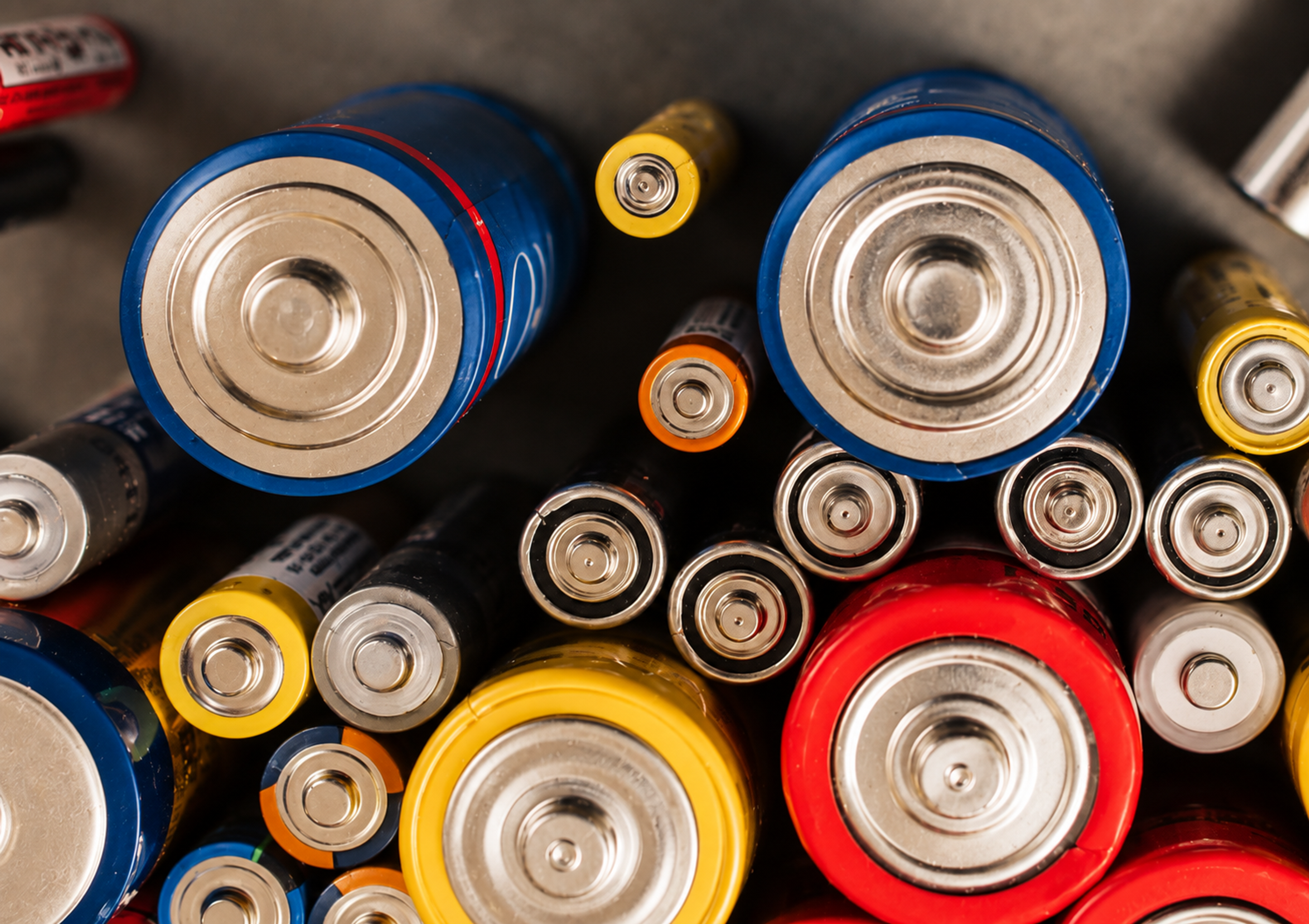 Samling af batterier i forskellige størrelser og farver set ovenfra