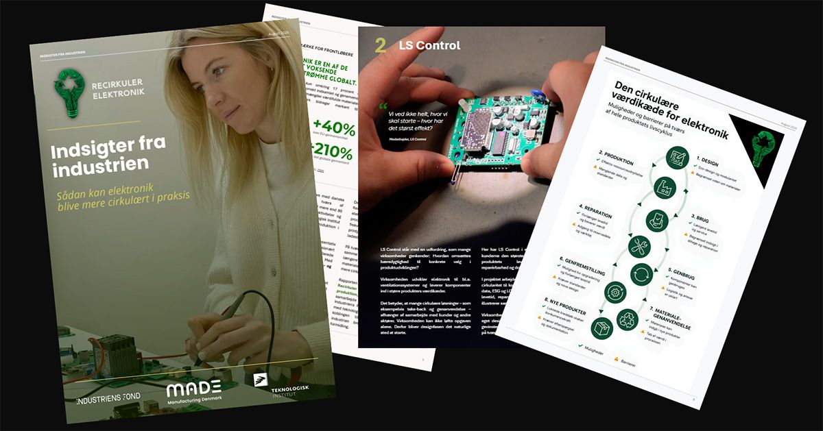 Forside og opslag fra rapporten Indsigter fra industrien om cirkulær elektronik med billeder og illustrationer