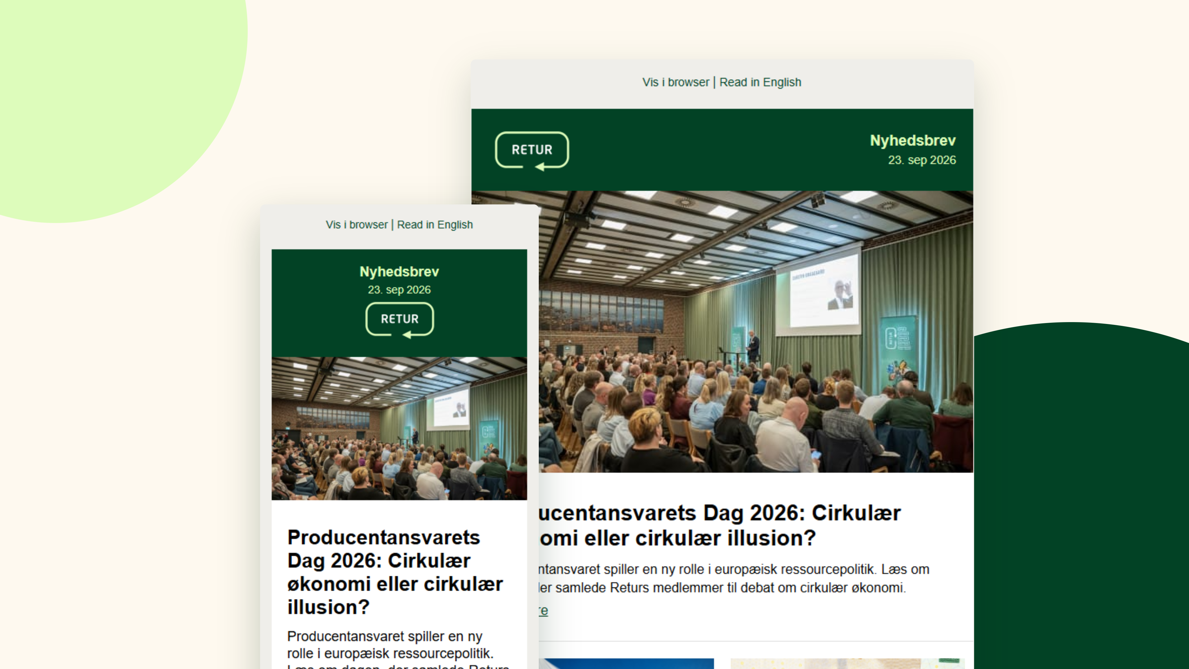 Returs nyhedsbrev vist i både desktop- og mobilvisning med foto fra et arrangement