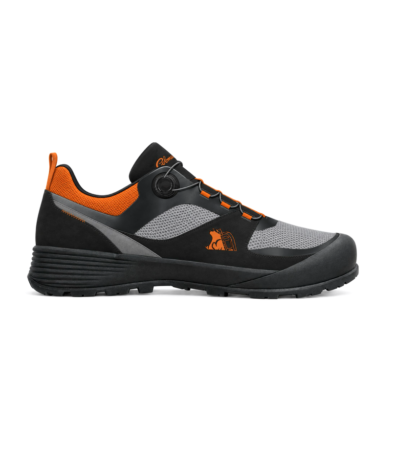 Black, grey and orange trail shoe with a dial lacing system