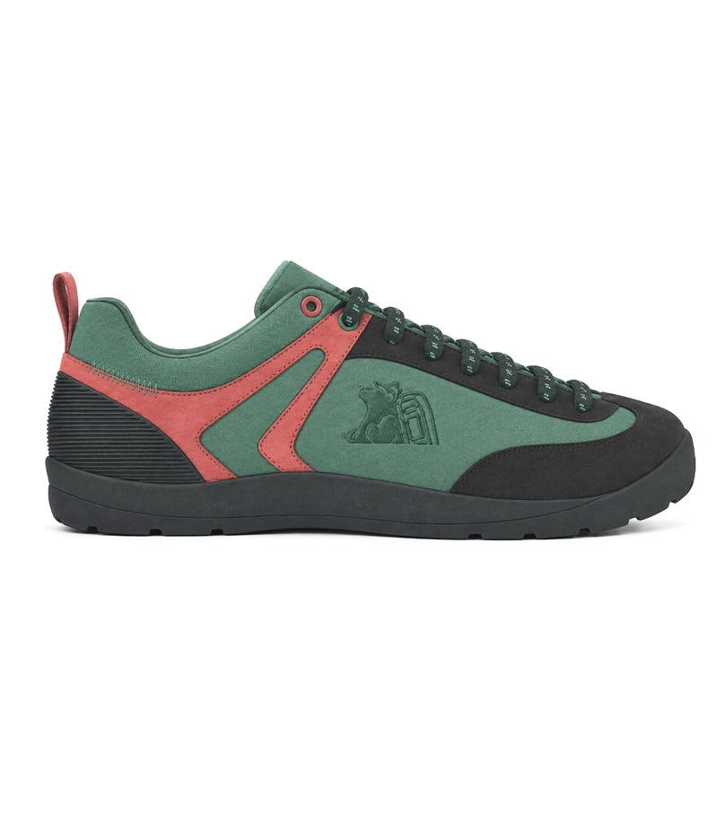 Green and coral low hiking shoe, side view