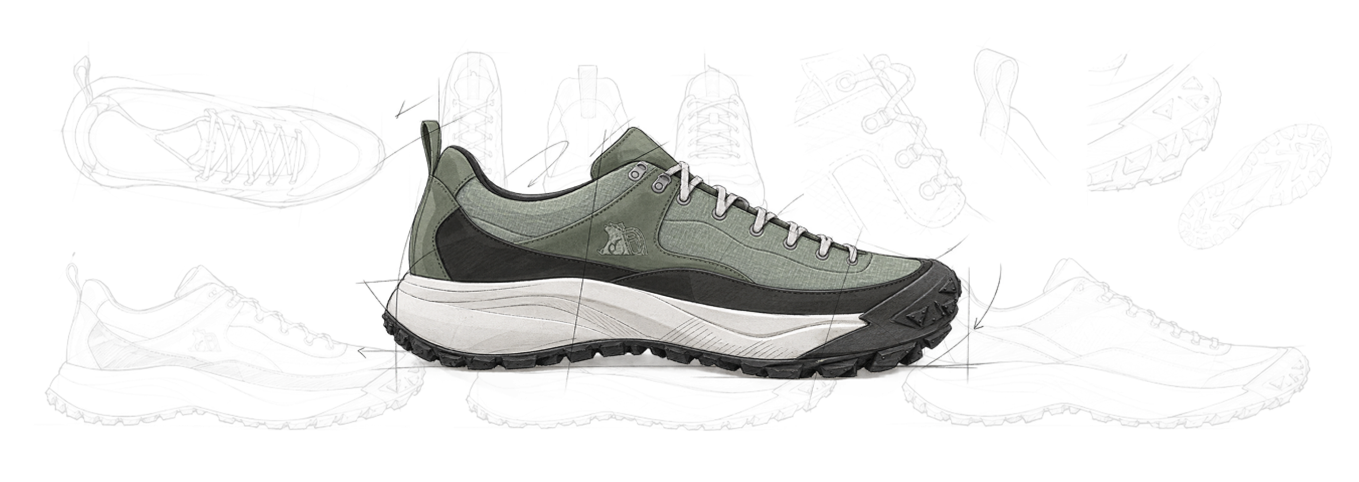 Green hiking shoe over faded design sketches of soles, uppers and details