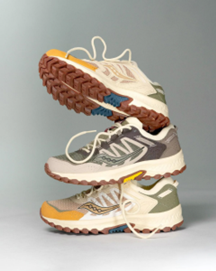 Stacked Saucony trail running shoes