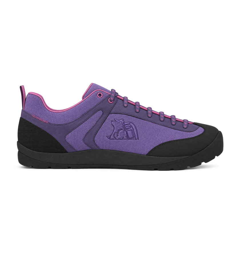 Purple and black low hiking shoe, side view