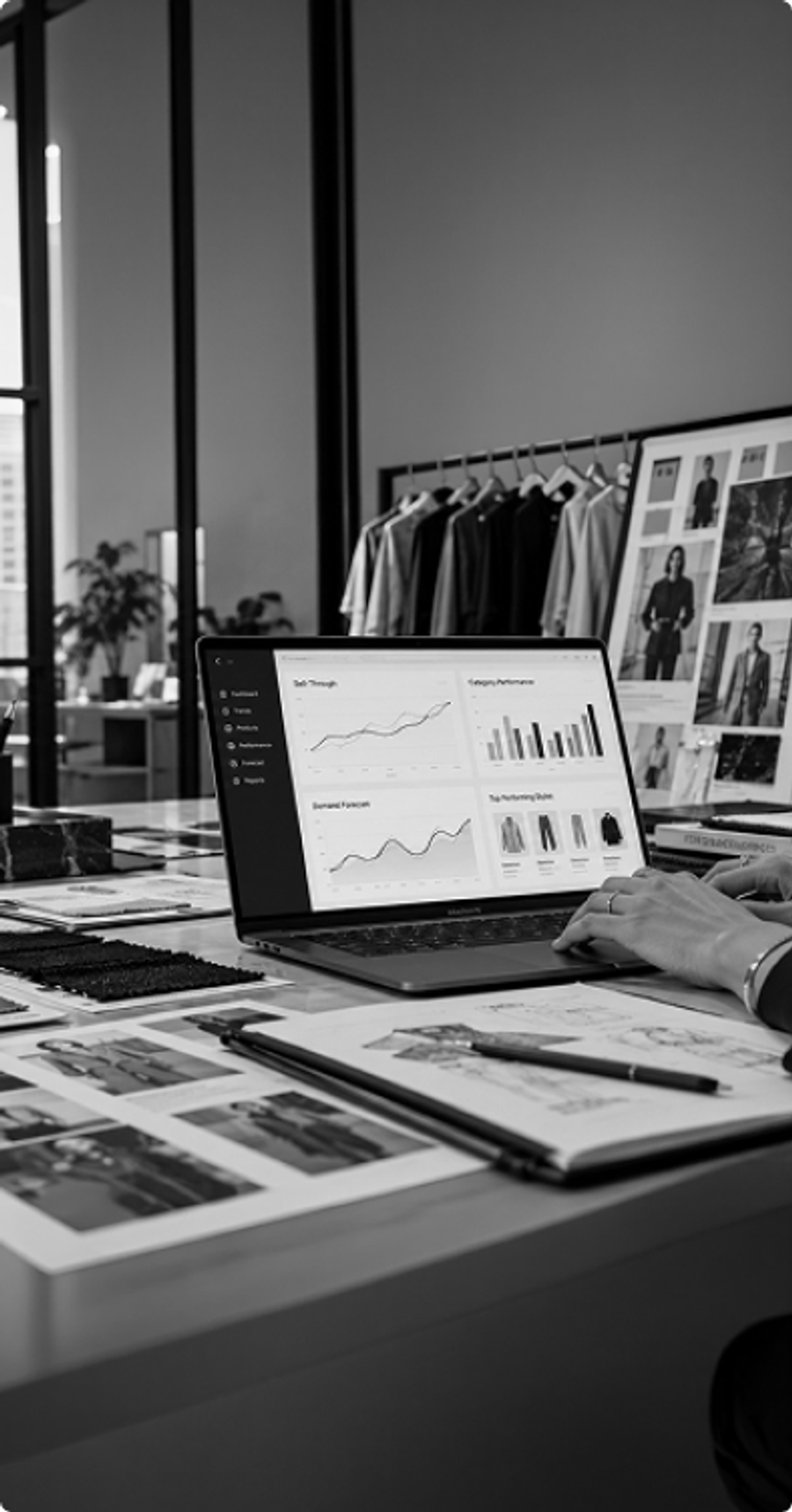 Laptop showing sales data on a desk with fabric swatches and a clothing rail
