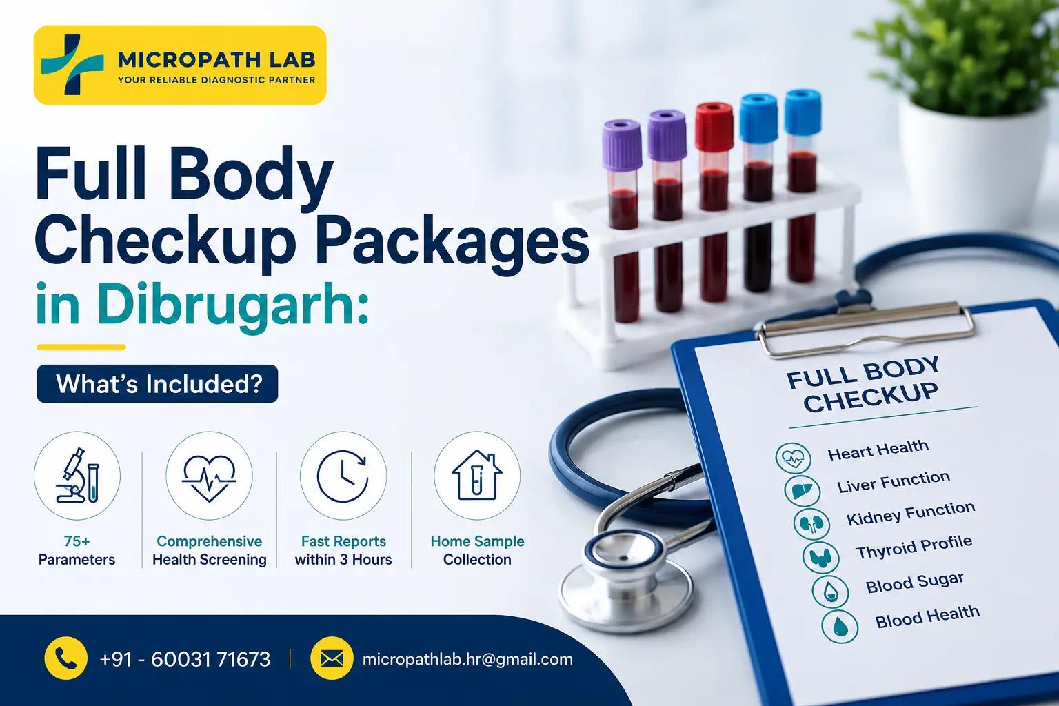 Micropath Laboratory full body checkup package in Dibrugarh featuring comprehensive health screening, blood tests, home sample collection, and fast diagnostic reports.