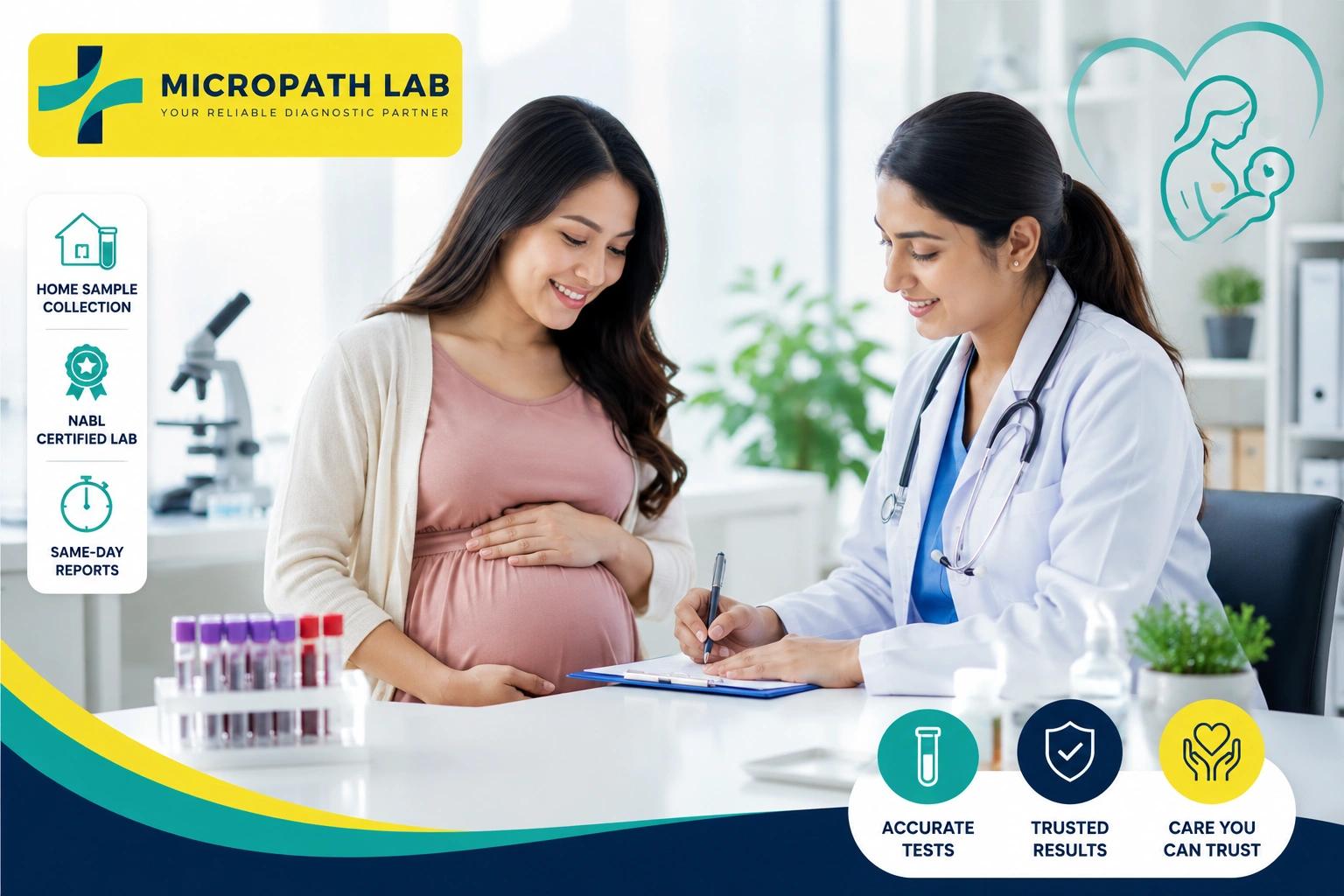Pregnant woman consulting a doctor during a prenatal pregnancy checkup at Micropath Laboratory in Dibrugarh for trimester-wise diagnostic testing.