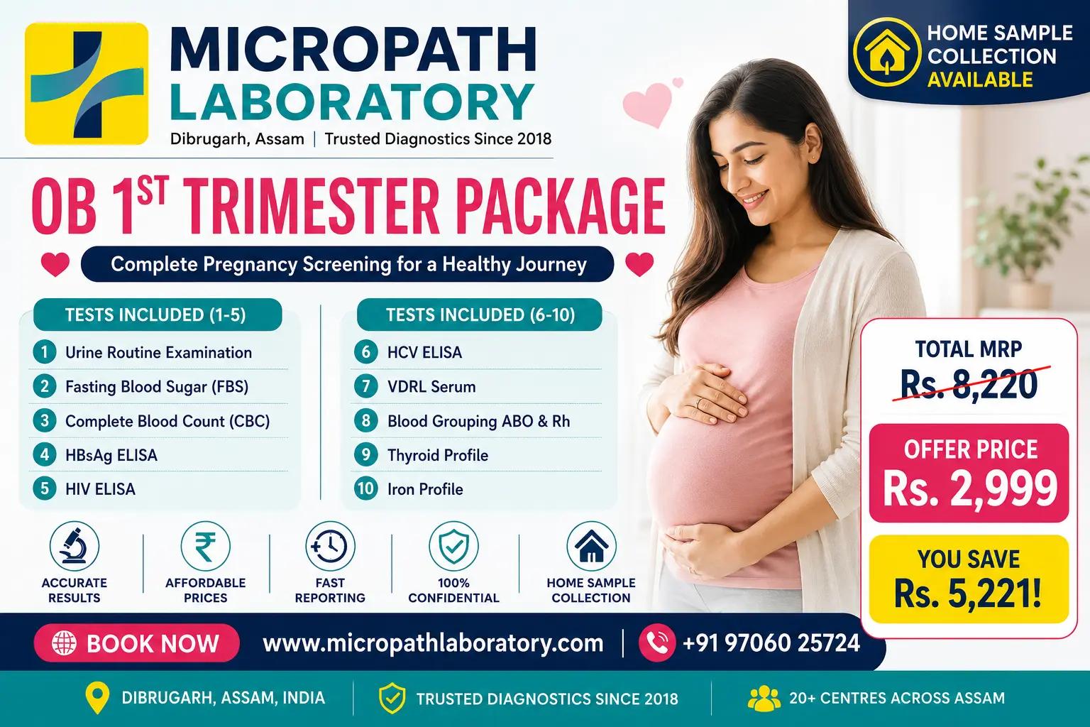 OB 1st Trimester Pregnancy Package at Micropath Laboratory Dibrugarh Assam with 10 essential prenatal screening tests for just ₹2,999