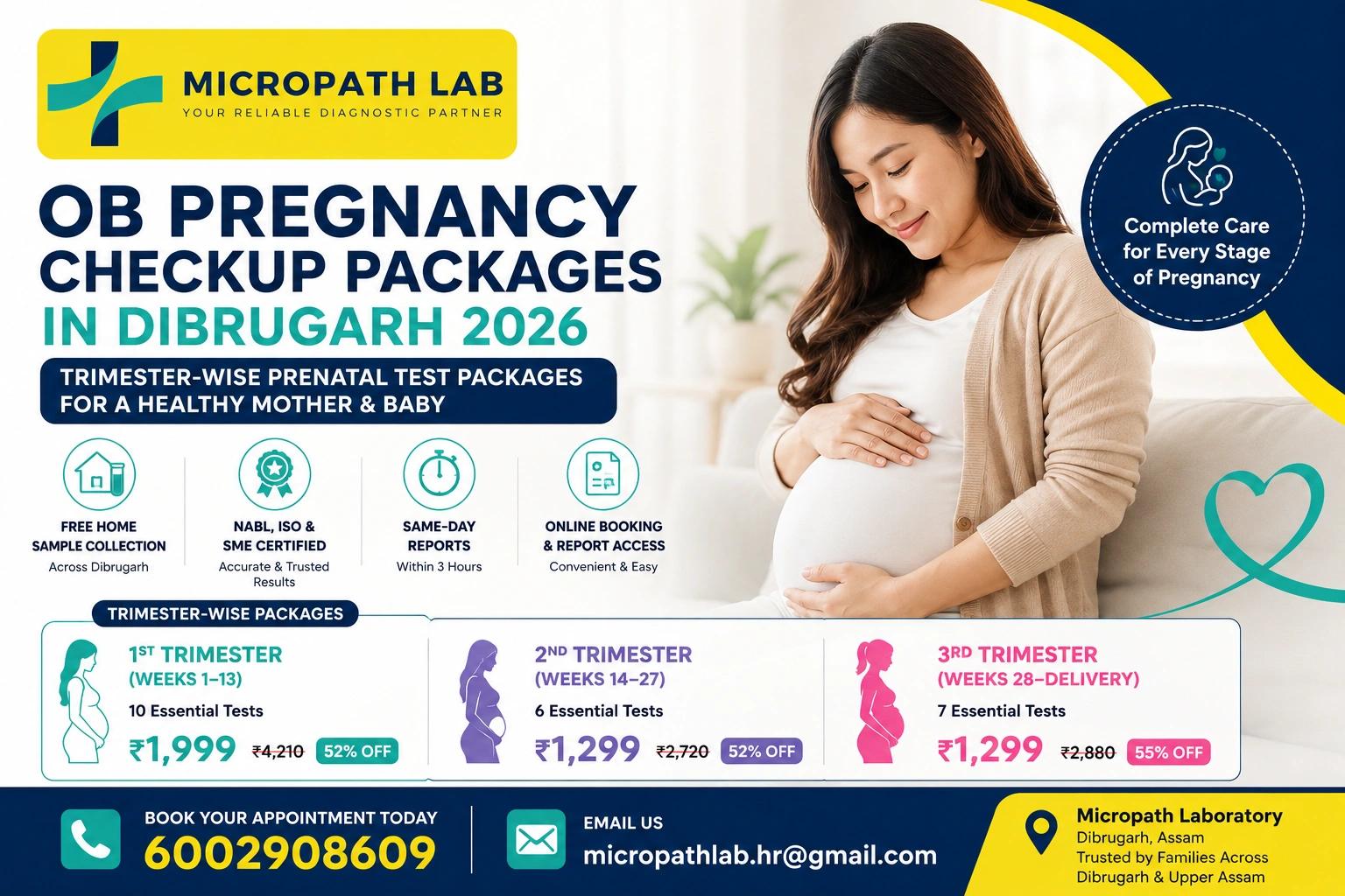 OB Pregnancy Checkup Packages in Dibrugarh 2026 at Micropath Laboratory with trimester-wise prenatal test packages, home sample collection, and same-day reports.